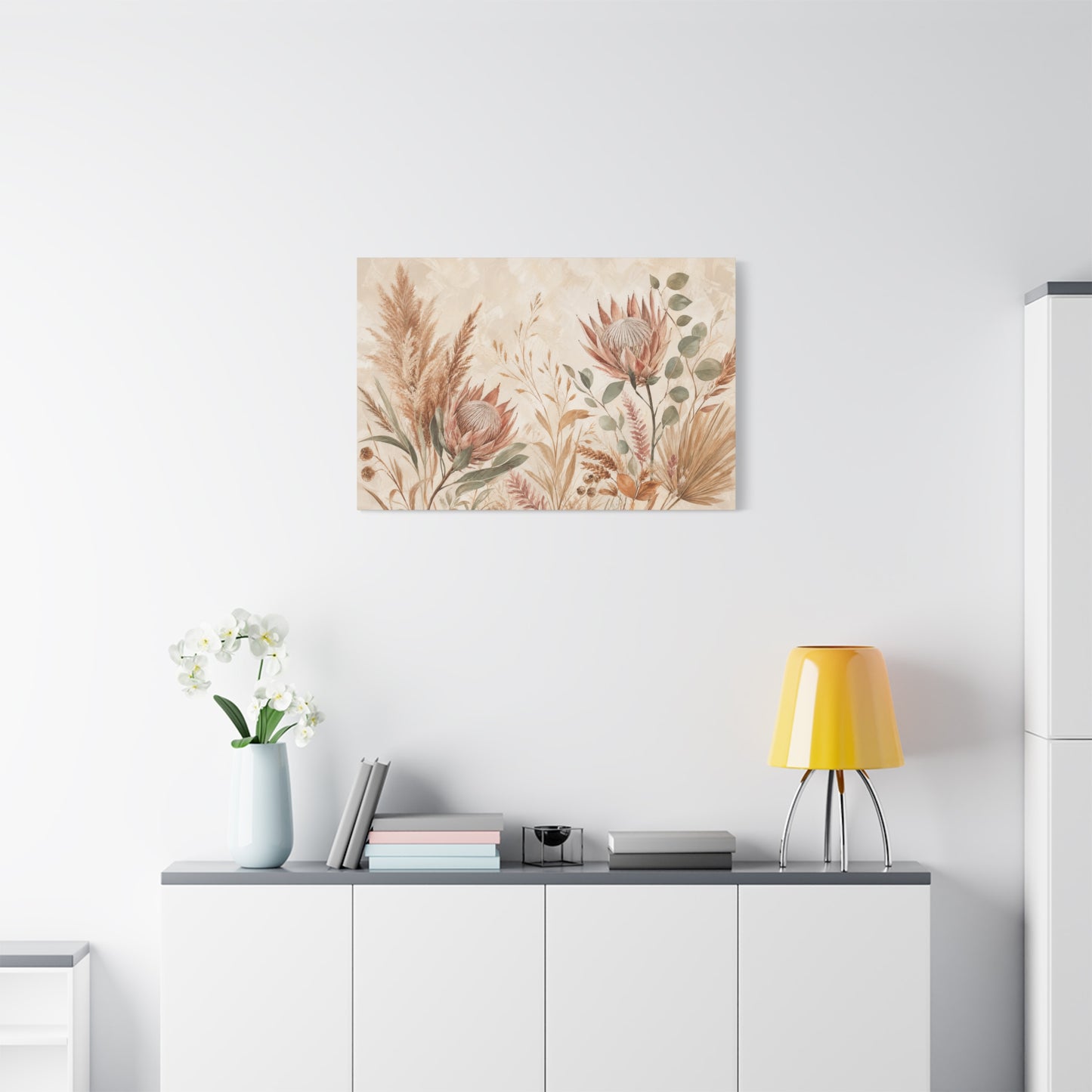 Protea Botanical Canvas Wall Art - Pampas Grass, Eucalyptus Floral Print - Neutral Boho Farmhouse Decor - Beige Sage Nature Painting - Ready to Hang