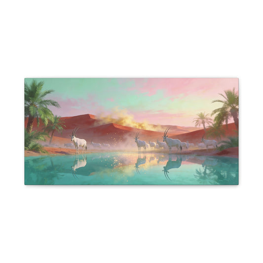 Desert Oasis Oryx Canvas Wall Art - Antelope Lake Reflection, Palm Dunes - Dreamy Surreal Cotton Print - Contemporary Landscape Style - Living Room Wall Decor, Bedroom Accent - Bedroom Home Decoration