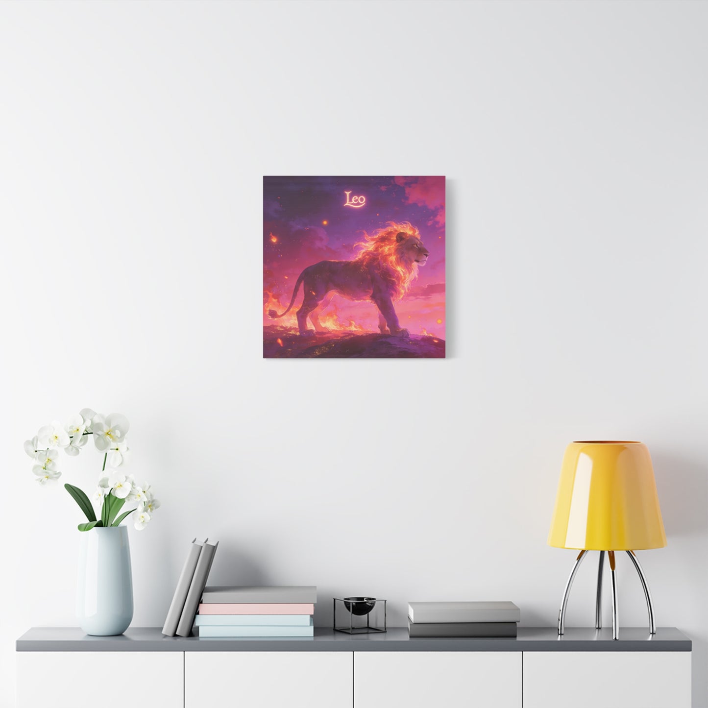 "Leo" Lion Canvas Wall Art - Fiery Zodiac Illustration, Purple Pink Sky, Matte Finish Canvas Print - Modern Astrology Decor, Bedroom Home Decoration, Office Wall Art Accent - Bedroom Home Decoration