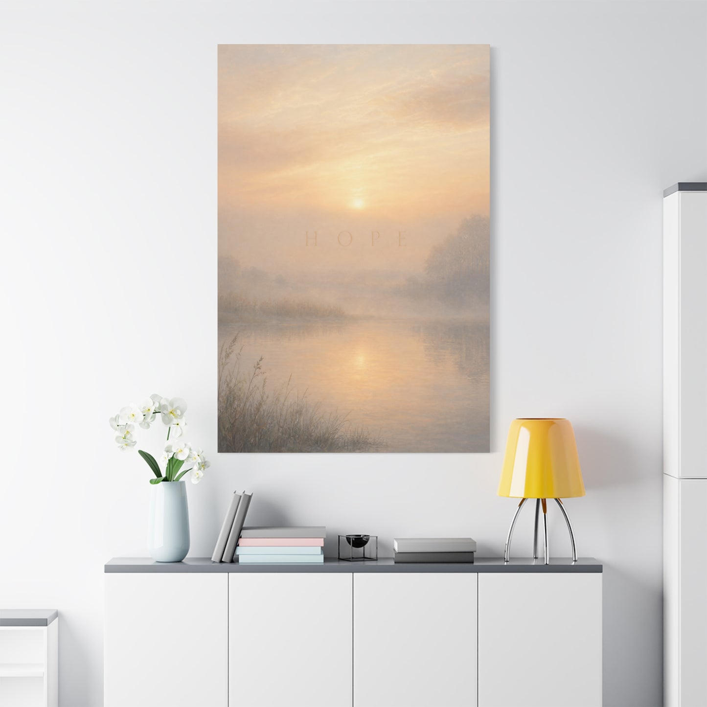 "Hope" Misty Sunrise Lake Canvas Wall Art - Serene Landscape Print, Inspirational Bedroom Wall Decor, Soft Neutral Home Decoration, Contemporary Meditation Space Accent - Bedroom Home Decoration