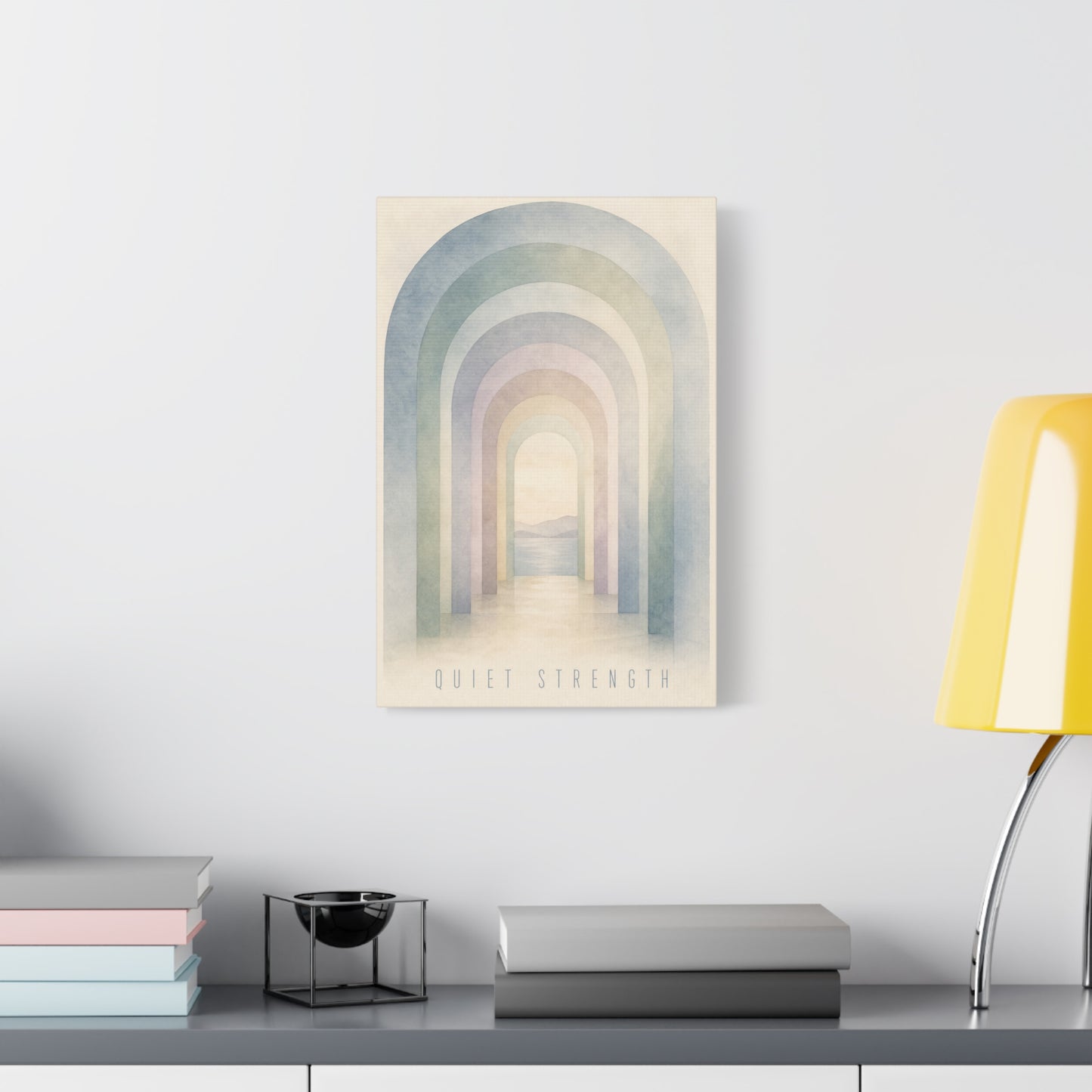 "Quiet Strength" Rainbow Arch Canvas Wall Art - Pastel Abstract Landscape Print, Minimalist Boho Home Decor - Serene Bedroom Wall Hanging, Nursery Room Decoration, Meditation Space - Ready to Hang