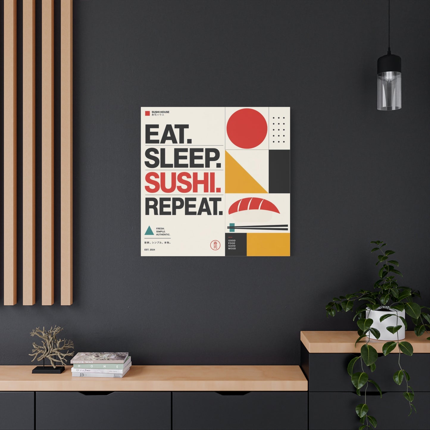 "Eat. Sleep. Sushi. Repeat." Sushi Canvas Wall Art - Japanese Typography Print, Geometric Food Poster Design - Modern Minimalist Cotton Canvas - Cafe Decor, Kitchen Accent, Dining Room Artwork