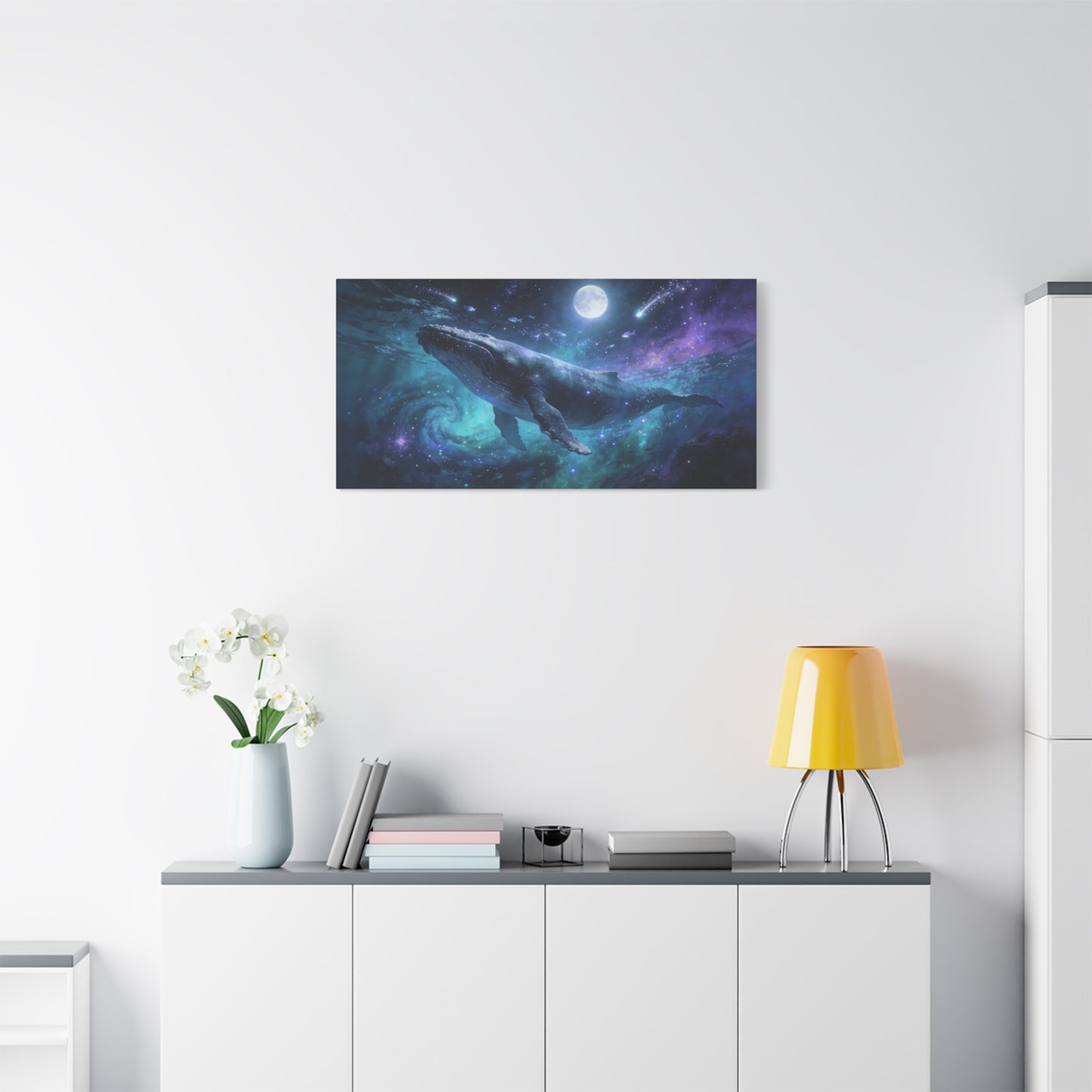 Humpback Whale Canvas Wall Art - Celestial Ocean Galaxy Painting, Moonlit Space Seascape Print - Matte Cotton Canvas - Contemporary Fantasy Style - Living Room Wall Decor - Bedroom Home Decoration
