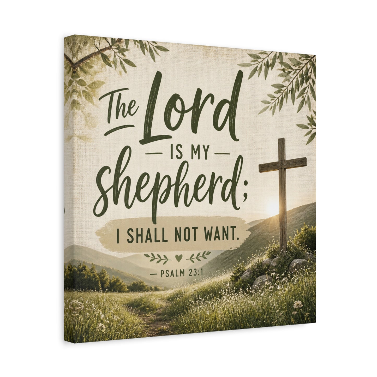 "The Lord Is My Shepherd, I Shall Not Want. - Psalm 23:1" Christian Canvas Wall Art - Rustic Cross Meadow Landscape, Farmhouse Scripture Decor, Bedroom Living Room Wall Hanging - Ready to Hang