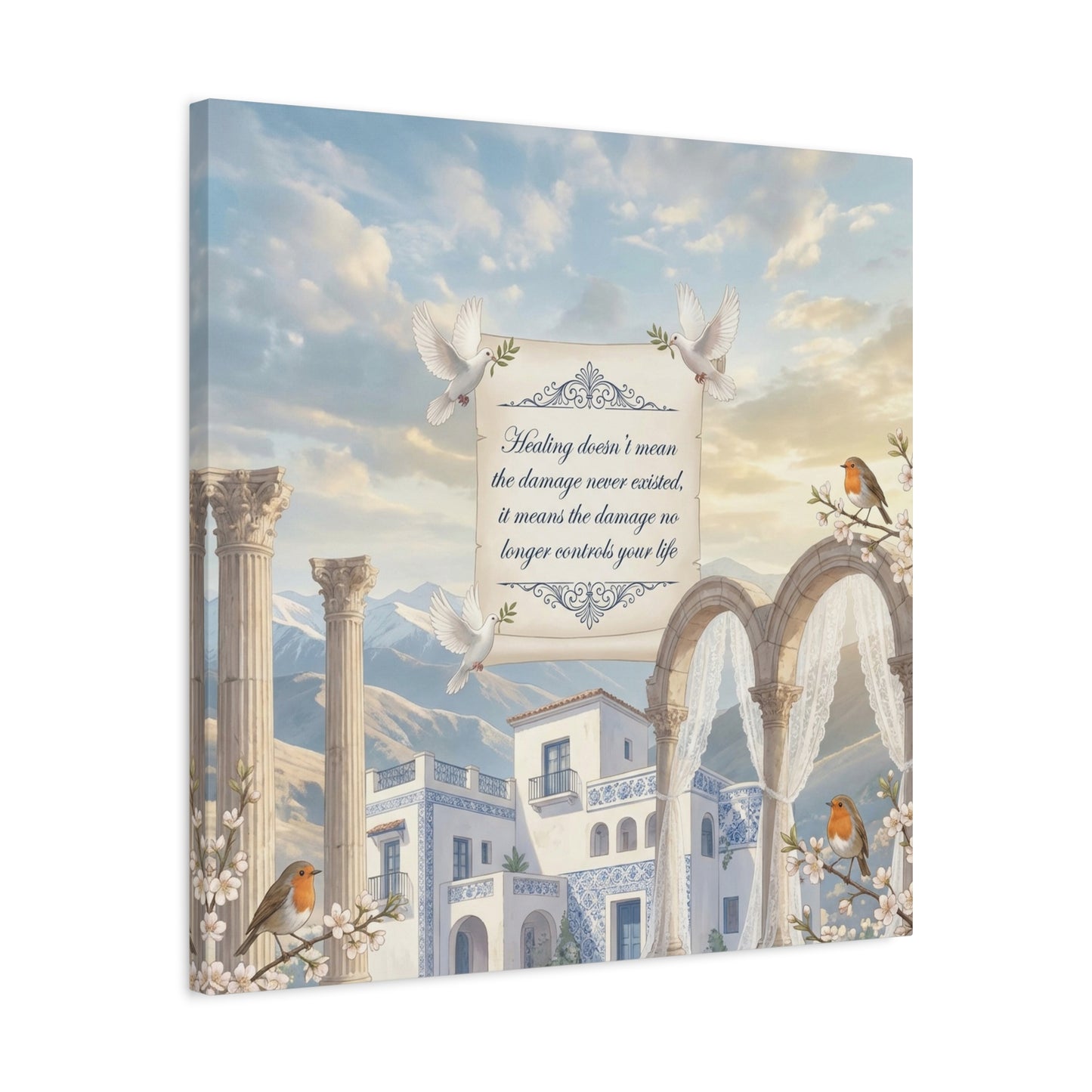 "The Damage No Longer Controls Your Life" Inspirational Canvas Wall Art - Doves, Robins, Classical Arches, Mountain Villa Quote Print - Matte Finish Canvas - Bedroom Home Decoration, Meditation Space