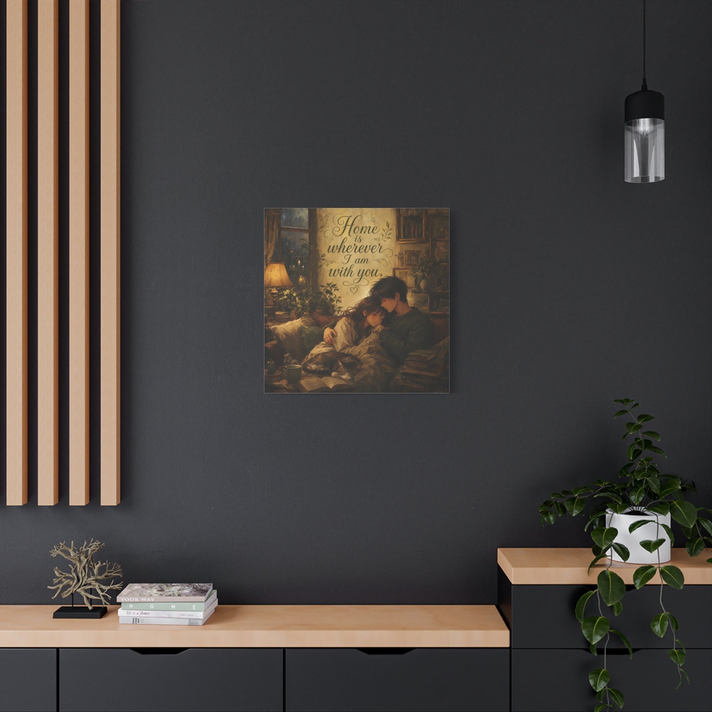 "Home Is Wherever I Am With You." Couple Canvas Wall Art - Romantic Cozy Reading Nook Quote Print - Vintage Warm Lamplight Style - Living Room Wall Decor, Bedroom Home Decoration - Ready to Hang