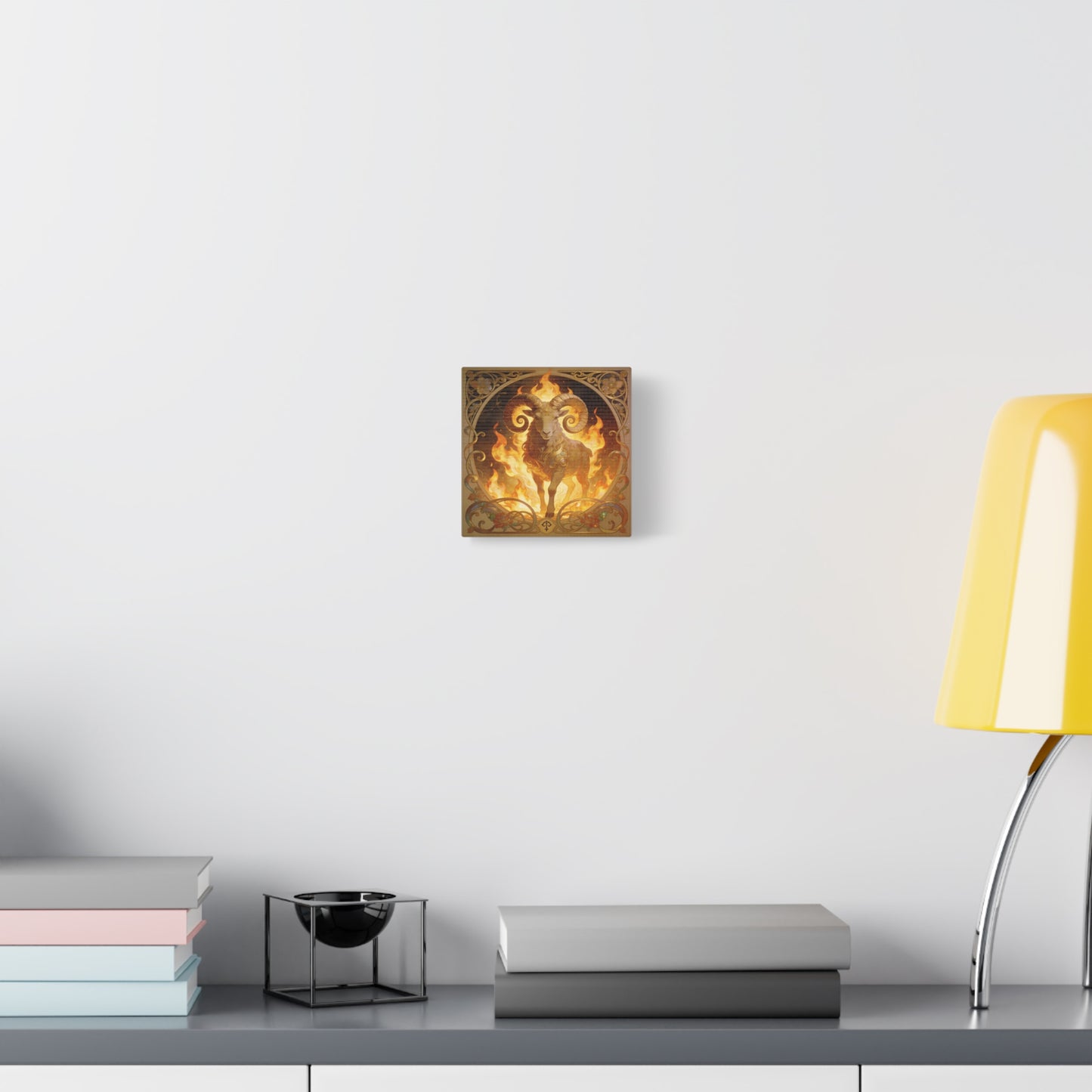Aries Ram Canvas Wall Art - Fiery Zodiac Illustration, Ornate Gold Nouveau Design - Matte Cotton Art Print - Bohemian Astrology Decor, Bedroom Home Decoration, Office Wall Art - Modern Farmhouse Style