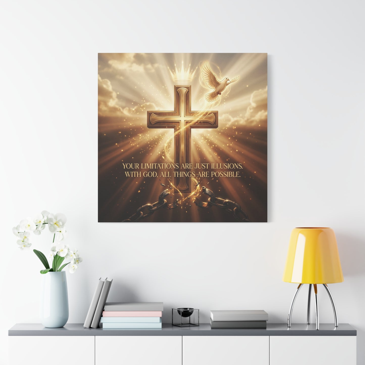 "Your Limitations Are Just Illusions. With God, All Things Are Possible." Christian Canvas Wall Art - Glowing Cross, White Dove, Crown, Broken Chains - Gold Religious Wall Decor For Living Room