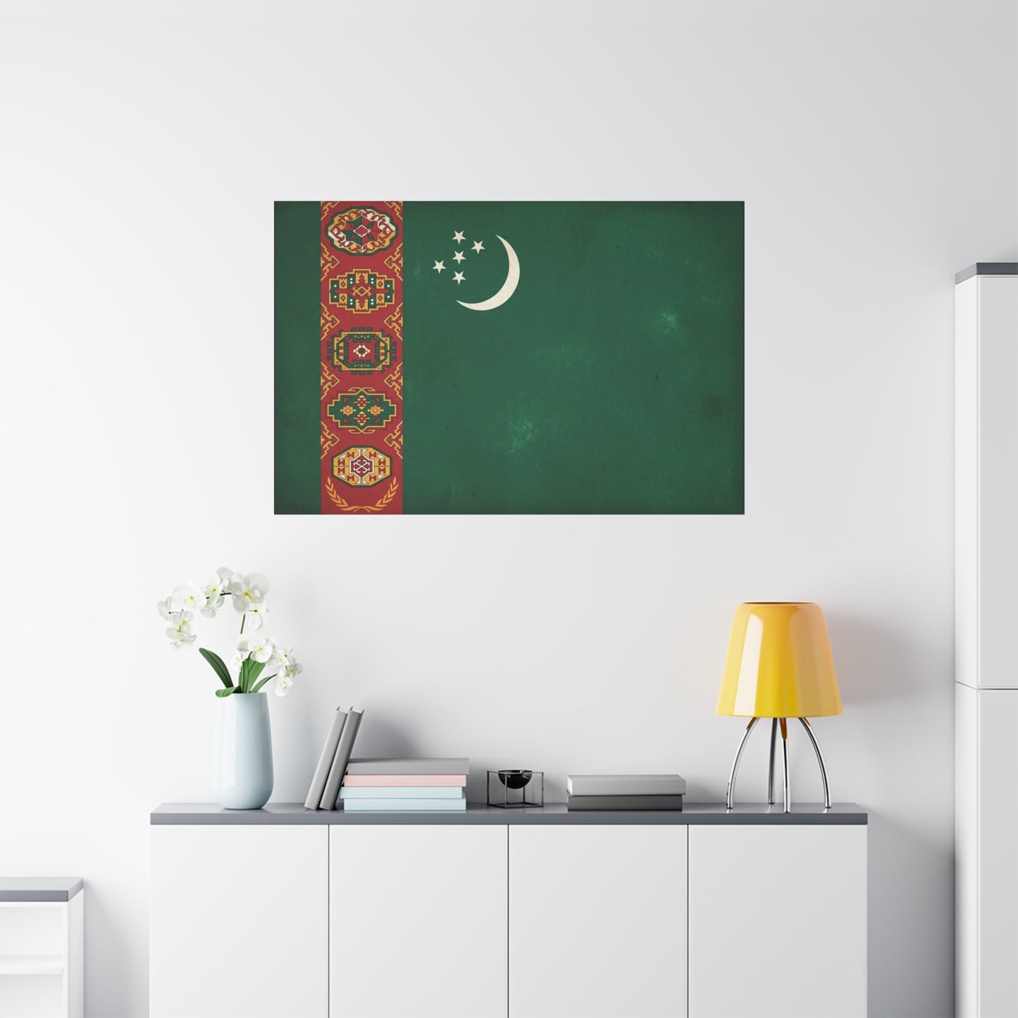 Turkmenistan Flag Canvas Wall Art - Vintage Nation Banner Print, Green Crescent Stars, Heritage Decor - Traditional Style - Living Room Wall Decor, Bedroom Home Decoration - Bedroom Home Decoration