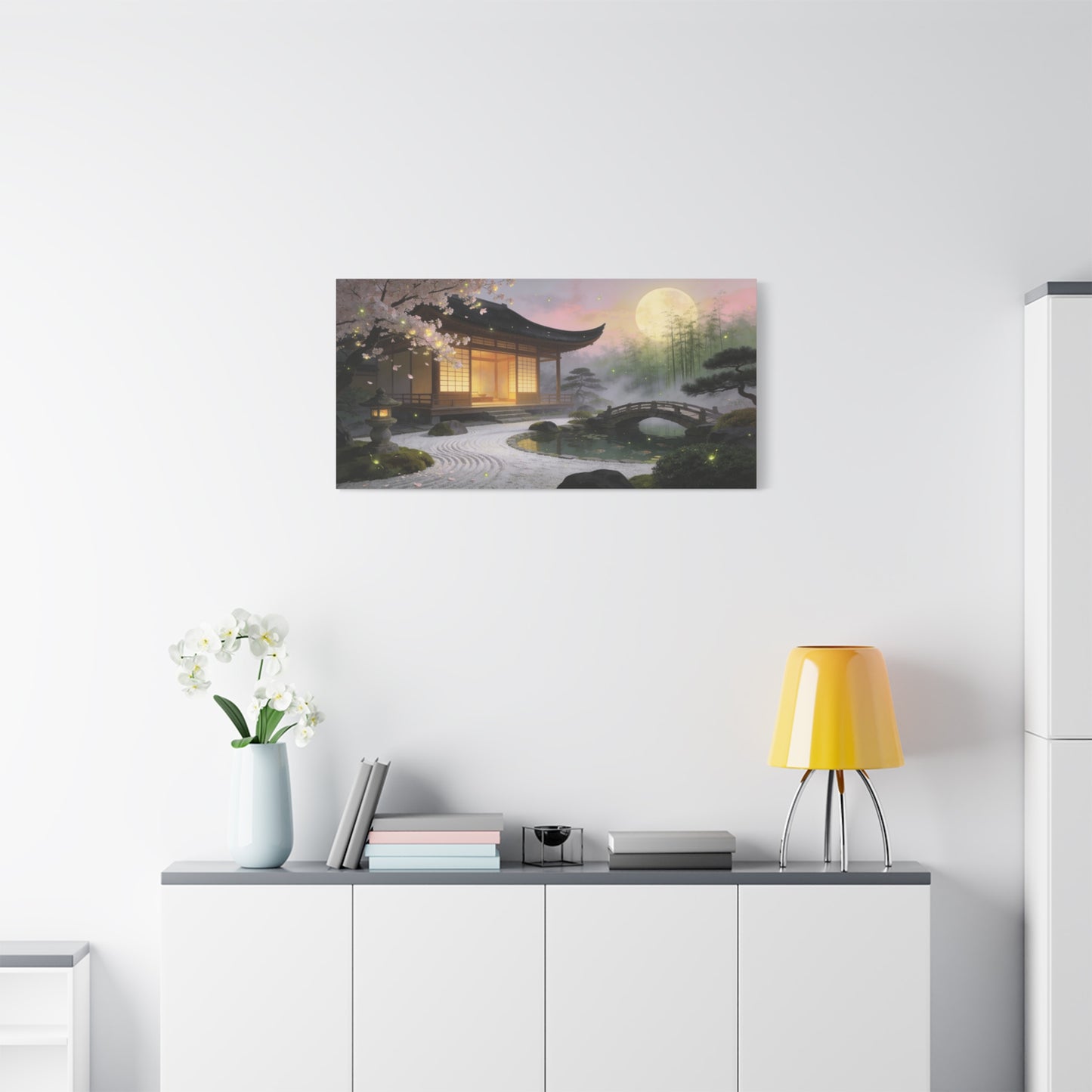 Japanese Zen Garden Canvas Wall Art - Moonlit Temple, Cherry Blossoms, Bamboo Mist - Serene Landscape Canvas Print - Traditional Style, Bedroom Wall Decor, Meditation Space - Bedroom Home Decoration