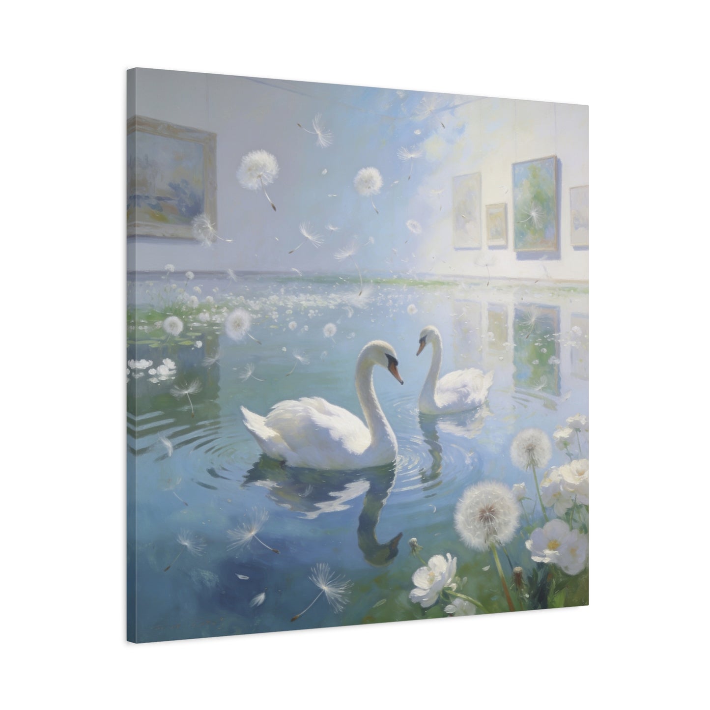 White Swan Canvas Wall Art - Serene Pond With Dandelion Seeds, Soft Blue Water Reflection - Dreamy Traditional Style - Living Room Wall Decor, Bedroom Home Decoration, Office Art - Ready to Hang
