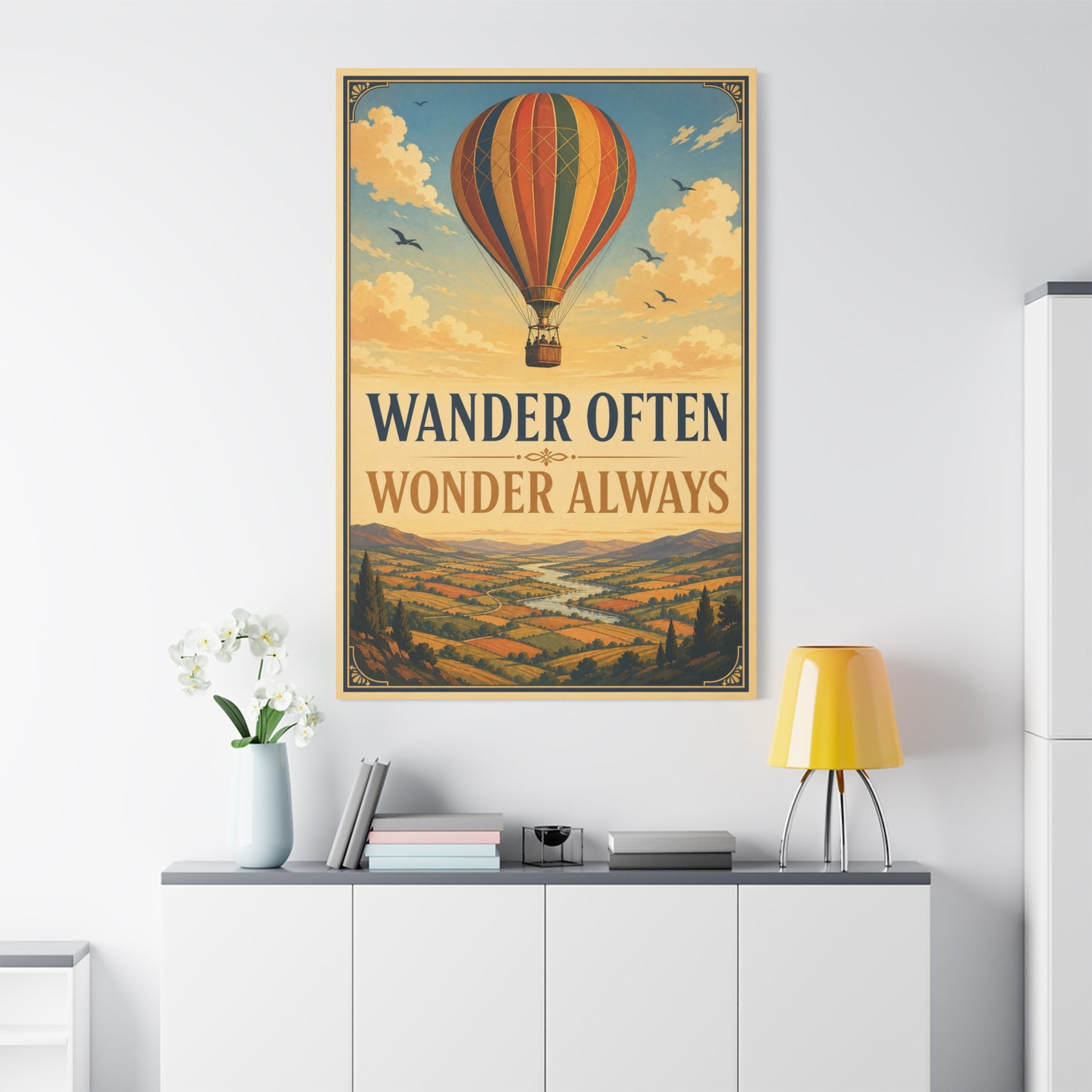 "Wander Often Wonder Always" Hot Air Balloon Canvas Wall Art - Vintage Travel Landscape Quote Print, Retro Sky Poster Style, Living Room Wall Decor - Ready to Hang - Bedroom Home Decoration