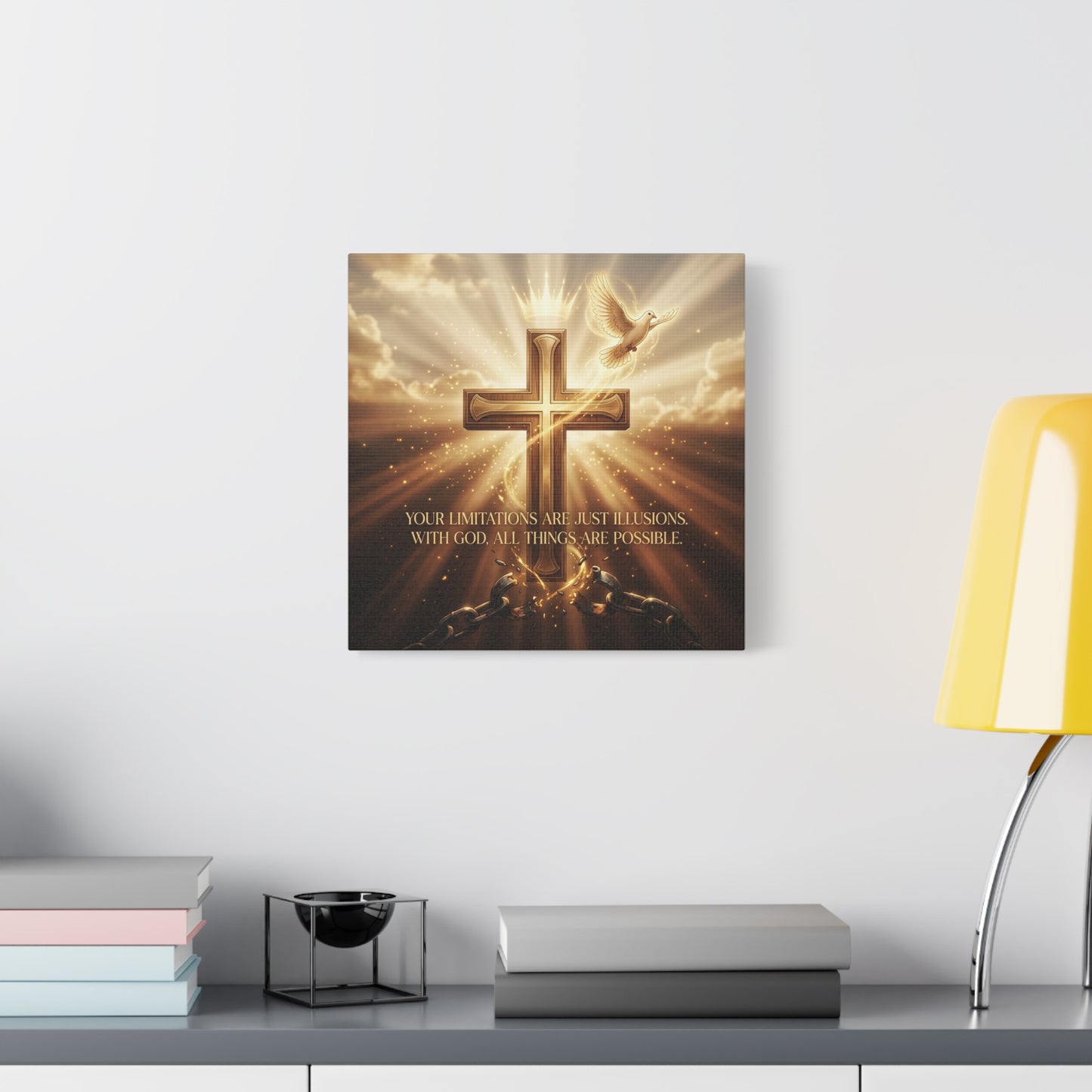 "Your Limitations Are Just Illusions. With God, All Things Are Possible." Christian Canvas Wall Art - Glowing Cross, White Dove, Crown, Broken Chains - Gold Religious Wall Decor For Living Room