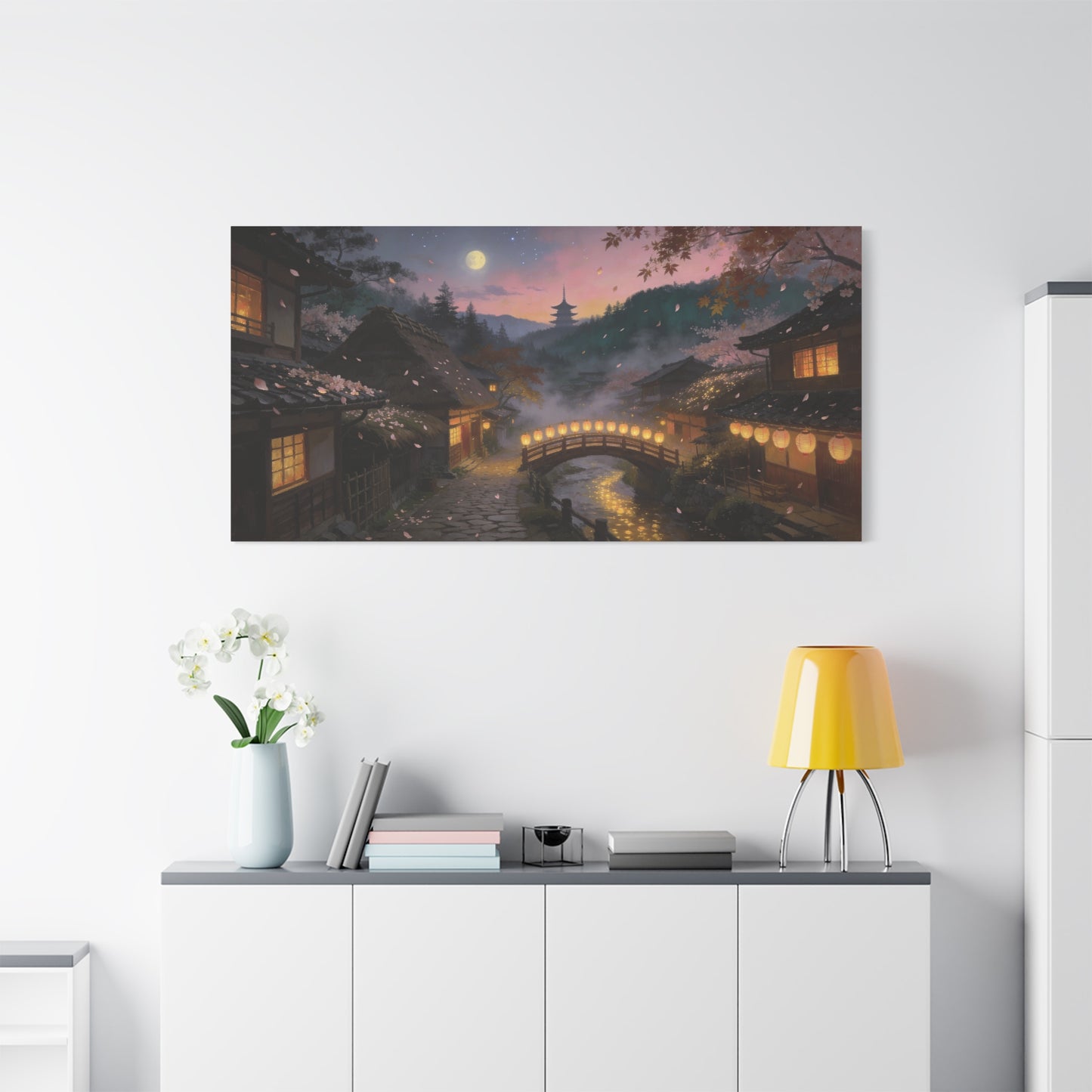 Japanese Village Moonlit Canvas Wall Art - Lantern Bridge, Cherry Blossom Petals, Pagoda Landscape - Matte Cotton Print - Traditional Style, Living Room Wall Decor, Bedroom Decoration - Ready to Hang