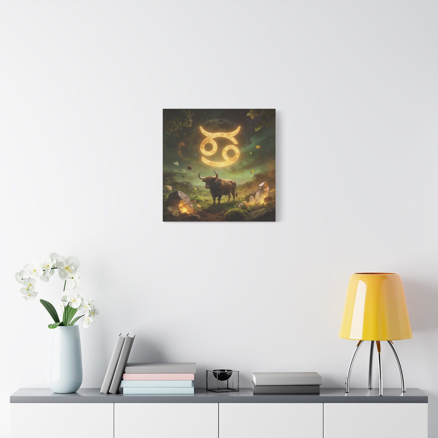 Cancer Zodiac Canvas Wall Art - Glowing Astrology Symbol, Bull And Crystal Fantasy Scene - Celestial Green Gold Illustration - Bedroom Home Decoration, Meditation Space Accent - Living Room Wall Decor