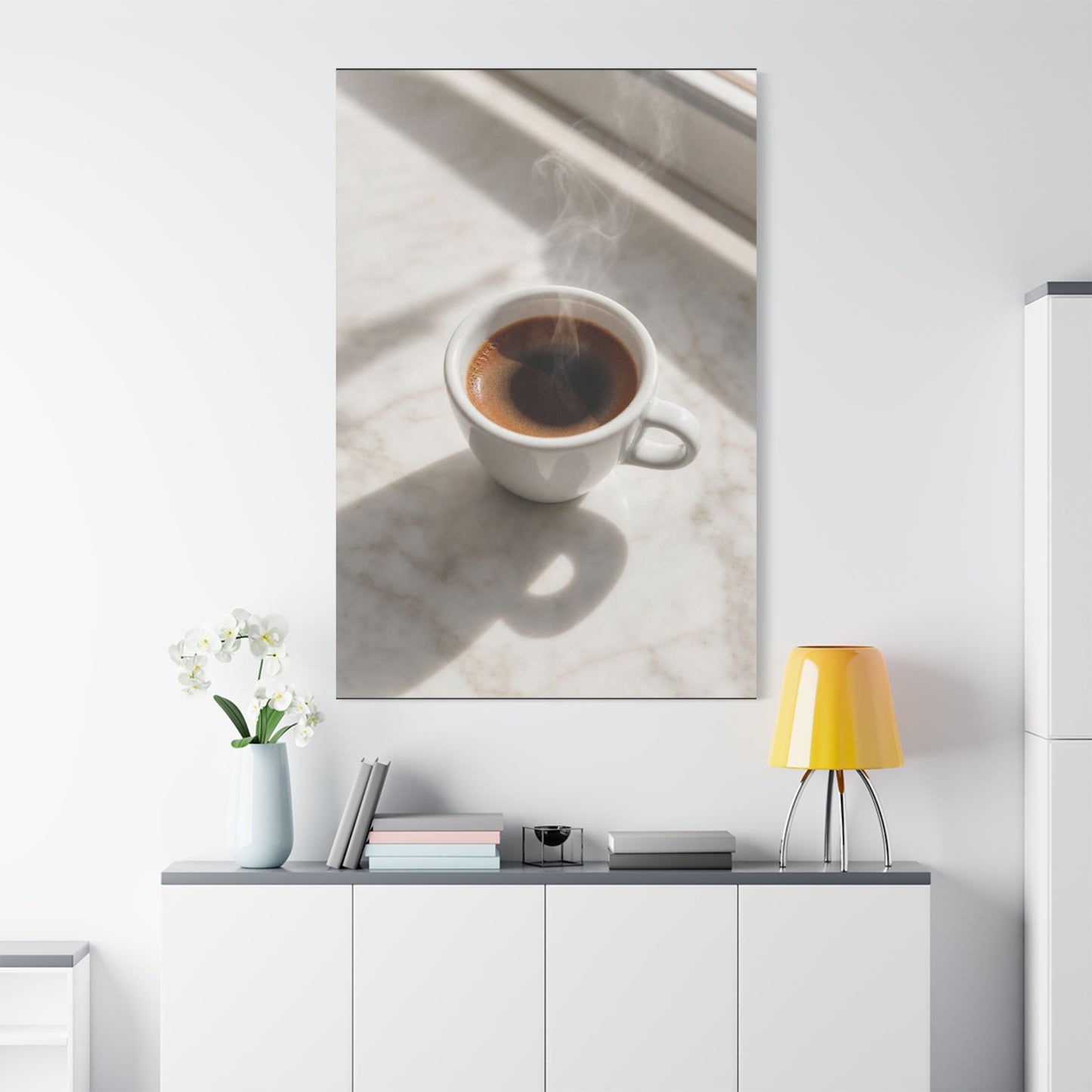 Steaming Espresso Coffee Cup Canvas Wall Art - Minimalist Sunlit Art Print, Matte Cotton Print - Contemporary Kitchen Decor, Dining Room Accent, Cafe Wall Decor, Office Art - Bedroom Home Decoration