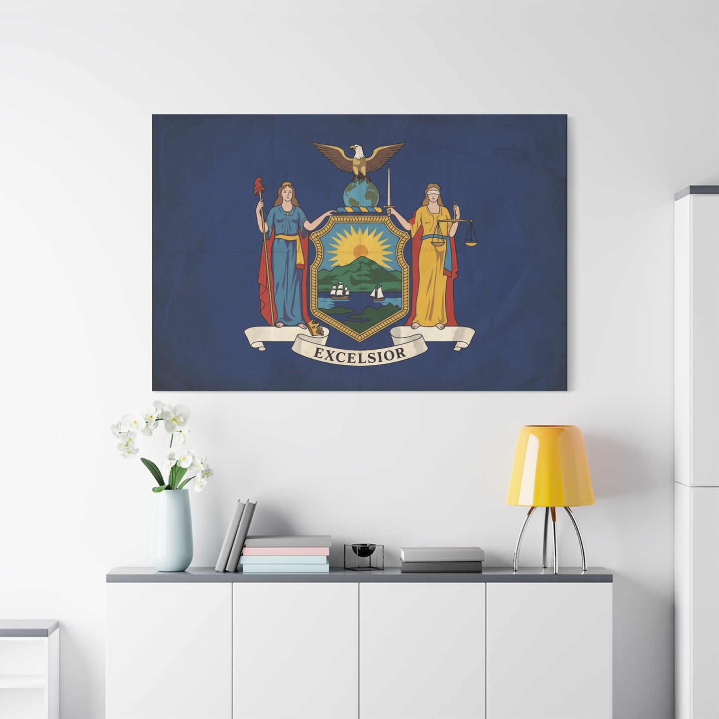 "Excelsior" New York State Flag Canvas Wall Art - Empire State Banner Print, Vintage Blue Heraldic Decor - Patriotic Illustration Style - Living Room Wall Decor, Office Art - Bedroom Home Decoration