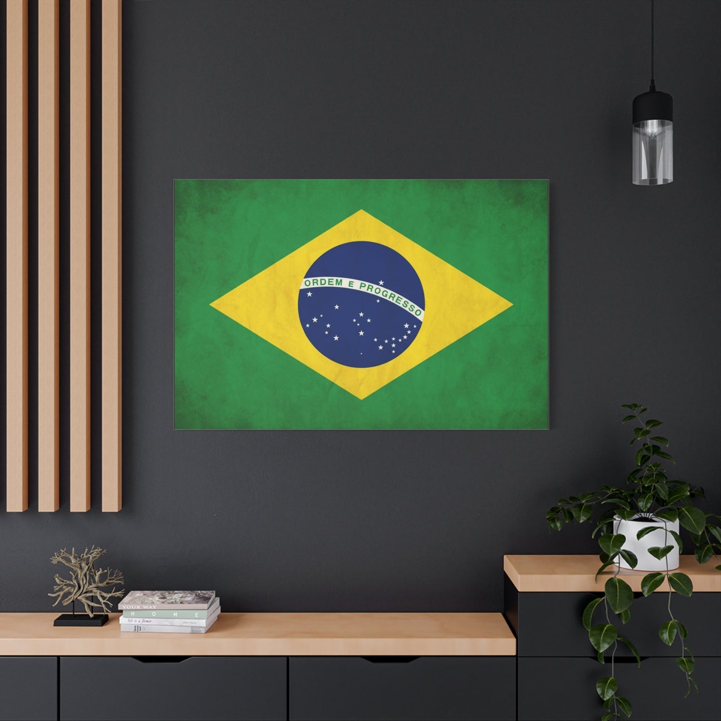 "Ordem E Progresso" Brazil Flag Canvas Wall Art - Brazilian Flag Wall Decor, Vintage National Pride Print - Green Yellow Blue Typography Style - Living Room Bedroom Office Decoration - Ready to Hang