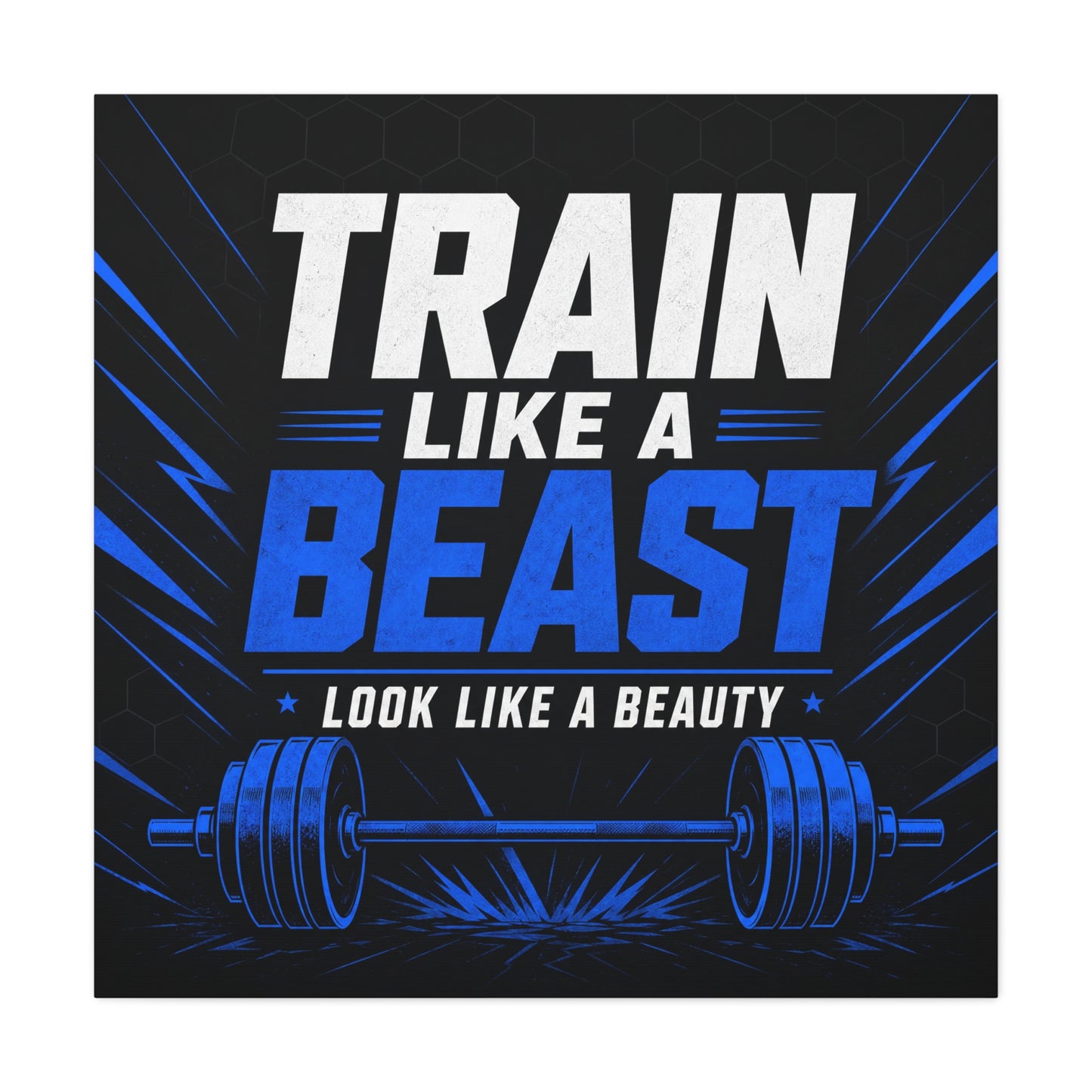 "Train Like A Beast Look Like A Beauty" Gym Canvas Wall Art - Blue Black Barbell Typography Motivational Fitness Decor - Modern Sports Quote Print - Ready to Hang - Living Room Wall Decor