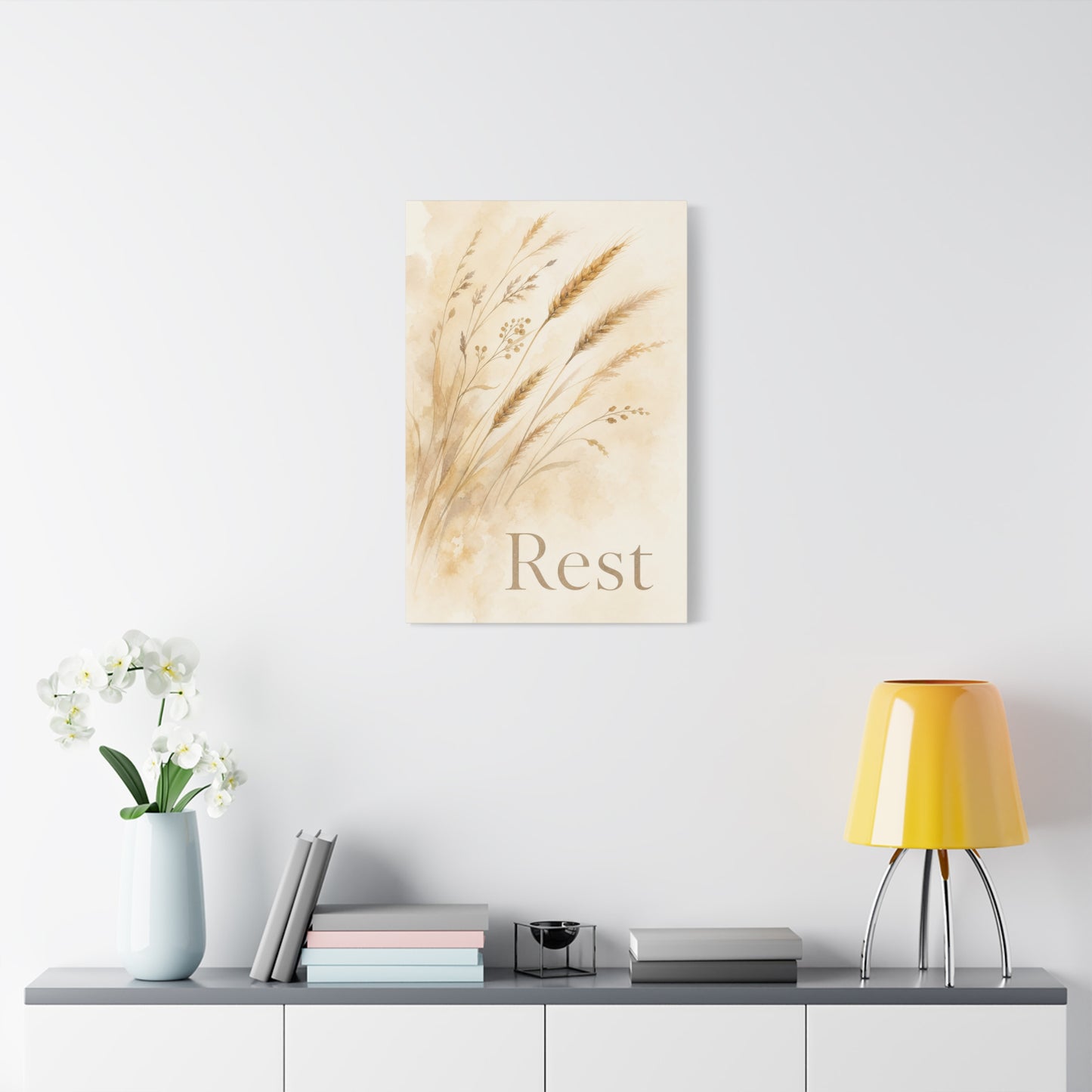 "Rest" Botanical Canvas Wall Art - Neutral Wheat Grass Watercolor Print - Minimalist Beige Farmhouse Decor - Bedroom Wall Hanging - Living Room Home Decoration - Meditation Space Accent