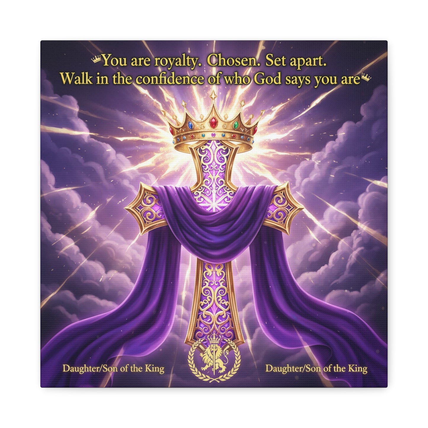 "You Are Royalty. Chosen. Set Apart." Christian Canvas Wall Art - Crowned Cross With Purple Draped Cloth, Daughter Son Of The King Quote - Religious Wall Decor For Bedroom, Office - Ready to Hang