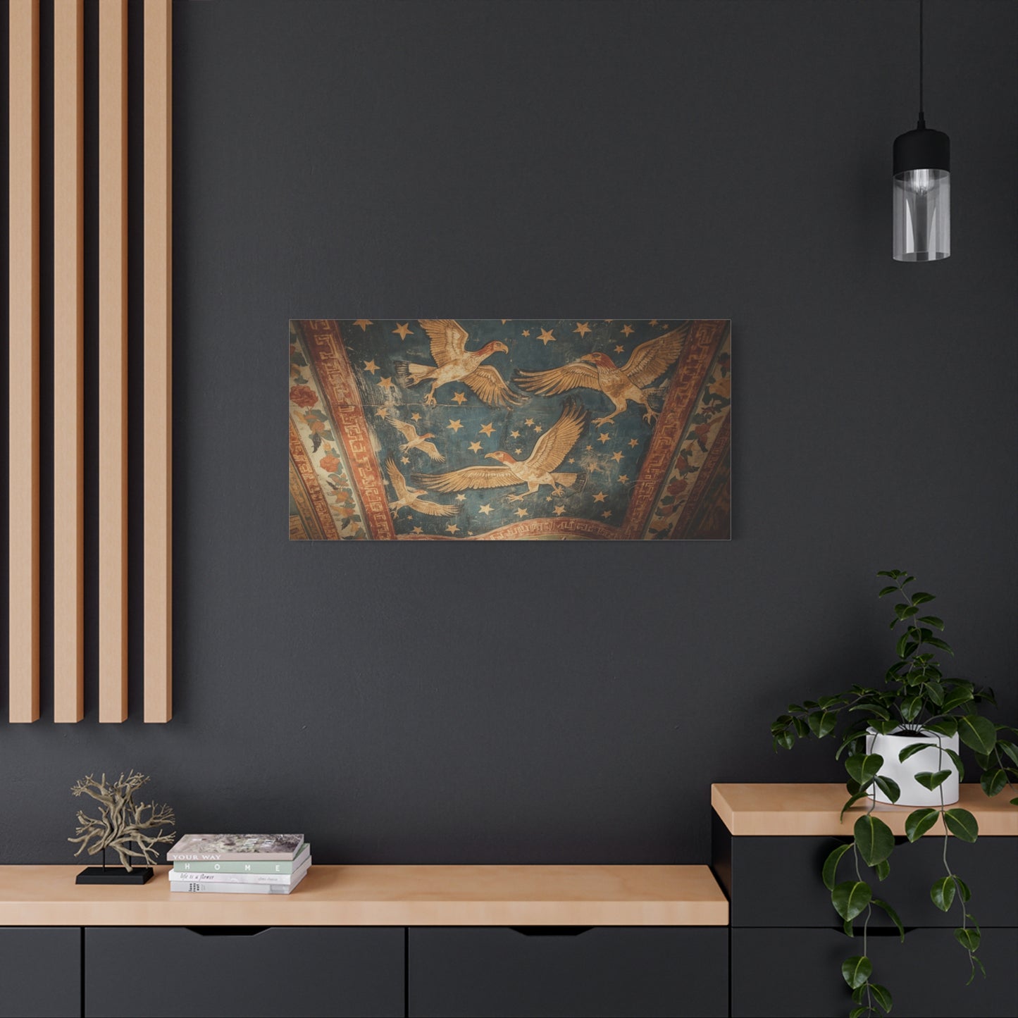 Ancient Eagle Ceiling Fresco Canvas Wall Art - Starry Bird Mural Print, Classical Blue And Gold Illustration - Vintage Traditional Style - Living Room Wall Decor Office Art - Bedroom Home Decoration