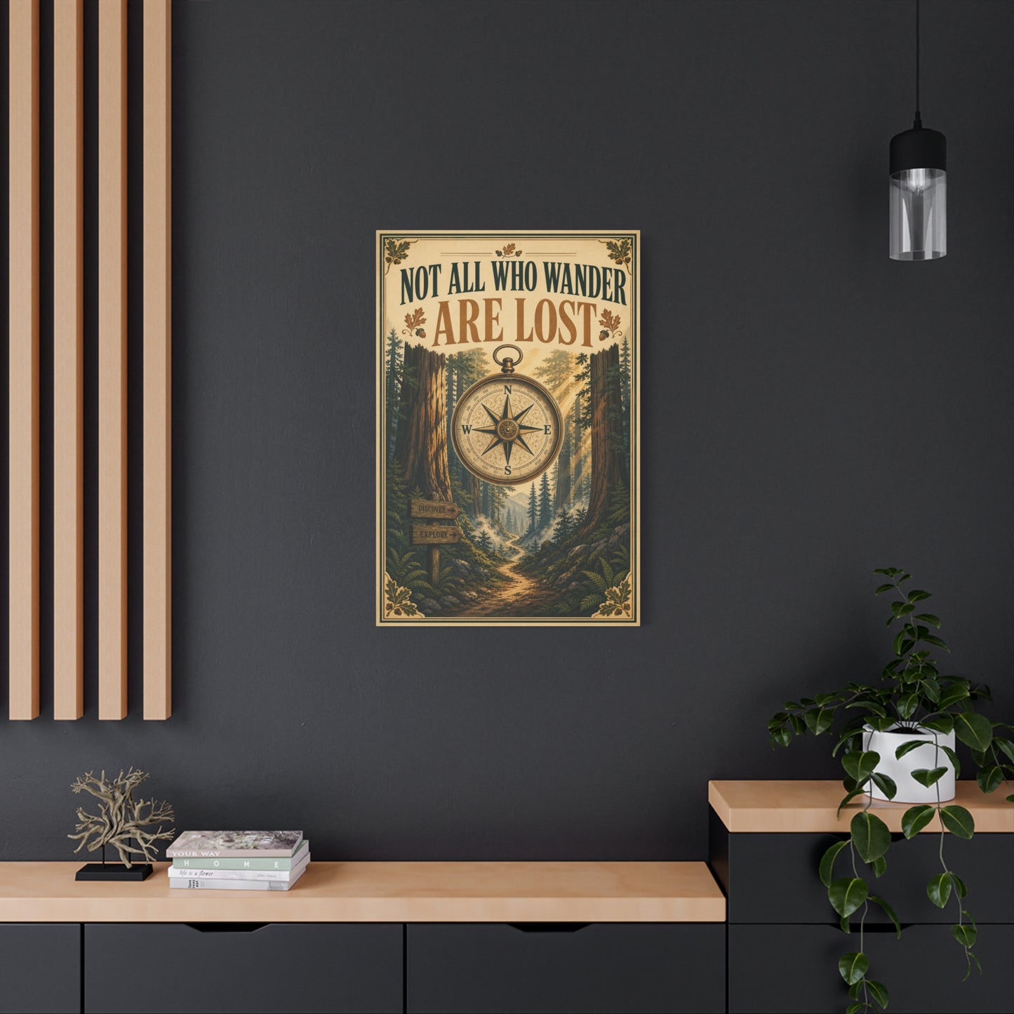 "Not All Who Wander Are Lost" Canvas Wall Art - Forest Compass Quote Print, Vintage Rustic Adventure Decor, Wanderlust Typography Poster Style, Living Room Bedroom Office - Living Room Wall Decor