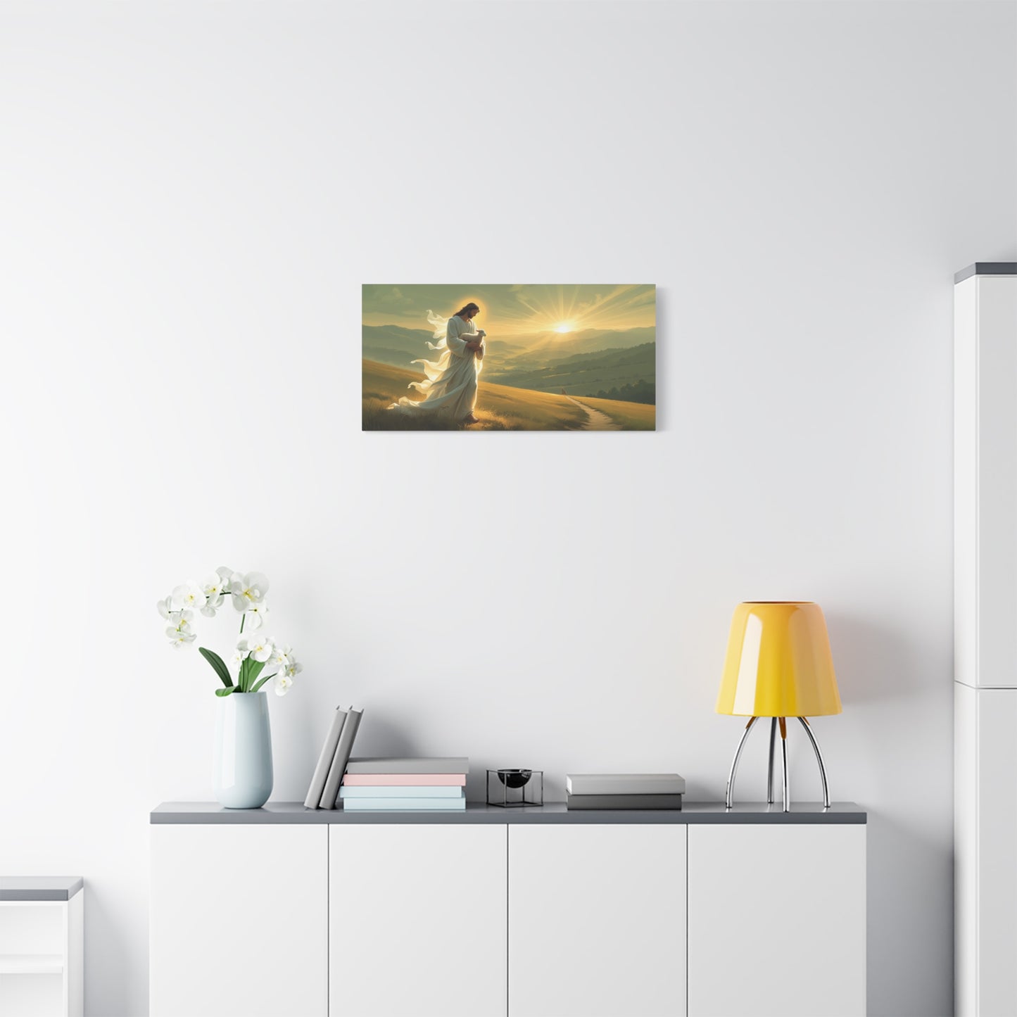 Jesus Holding Lamb Canvas Wall Art - Christian Sunset Landscape Print, Golden Light Faith Decor - Matte Cotton Canvas - Traditional Living Room Wall Decor, Bedroom Home Accent - Modern Farmhouse Style