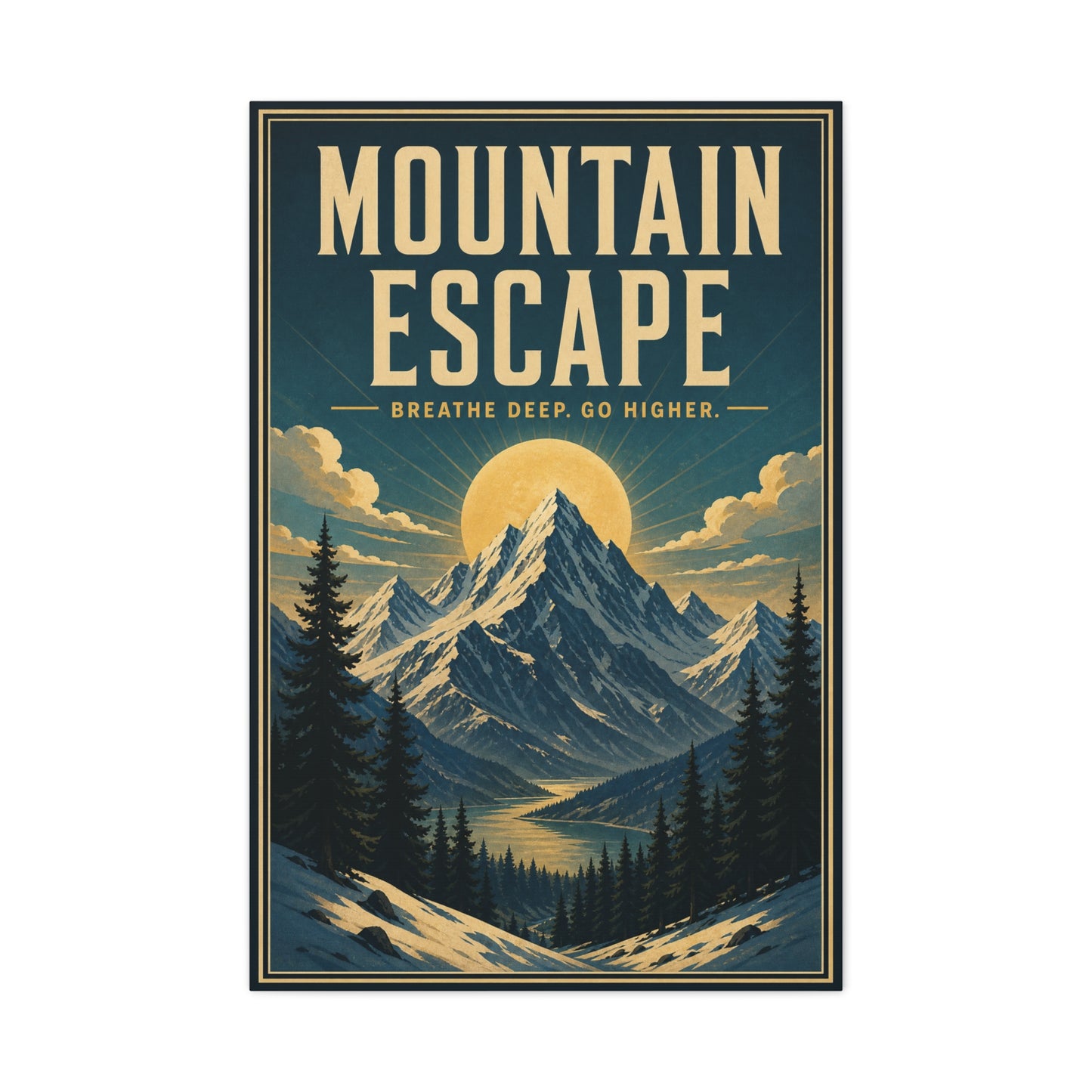 "Mountain Escape Breathe Deep. Go Higher." Canvas Wall Art - Vintage Mountain Landscape Poster Print, Sunlit Alpine Peaks, Rustic Lodge Style, Living Room Wall Decor, Office Art - Ready to Hang