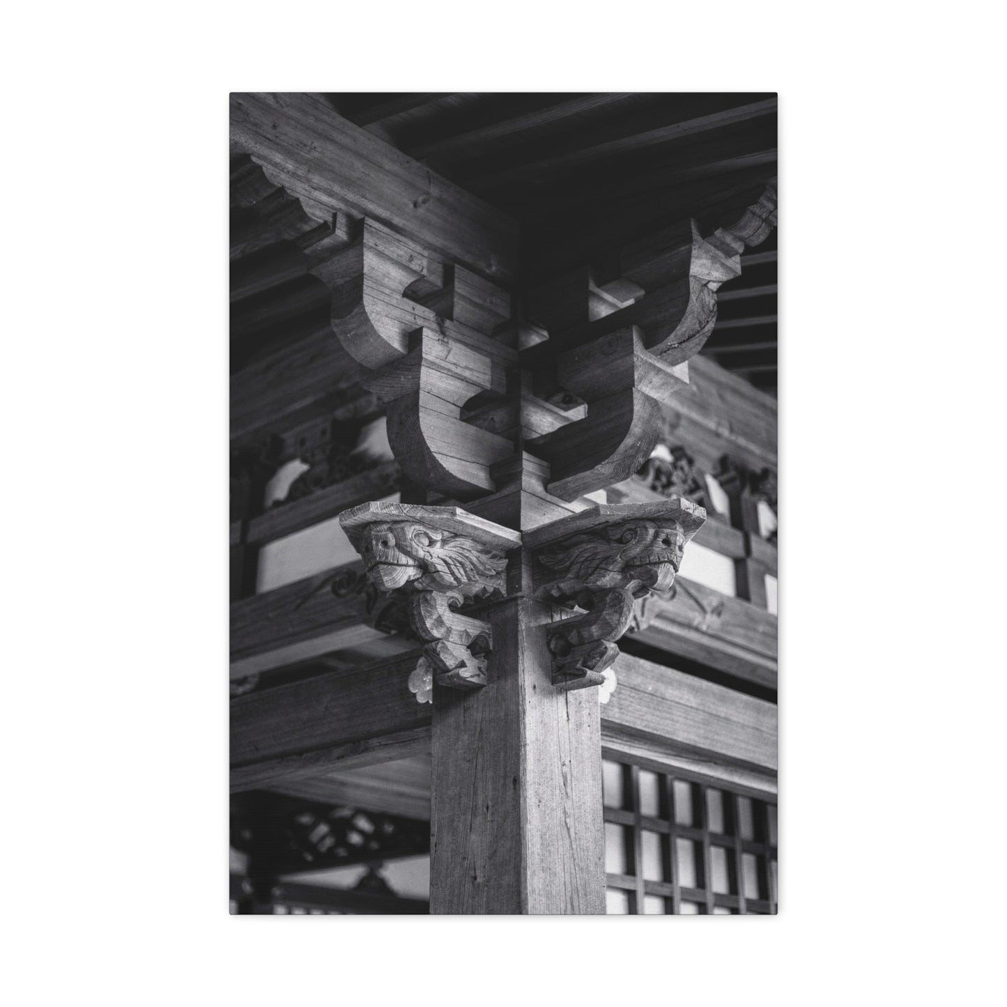 Japanese Temple Architecture Canvas Wall Art - Black And White Wooden Carved Bracket Art Print - Traditional Zen Style - Living Room Wall Decor, Bedroom Home Decoration - Bedroom Home Decoration