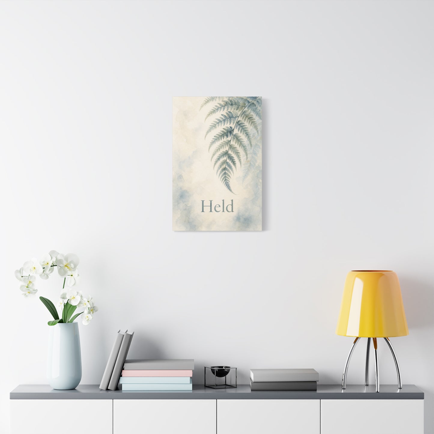 "Held" Fern Botanical Canvas Wall Art - Watercolor Leaf Print, Calming Bedroom Wall Decor, Minimalist Blue Green Nature Home Decoration, Meditation Space Accent - Ready to Hang - Cozy Reading Nook Art