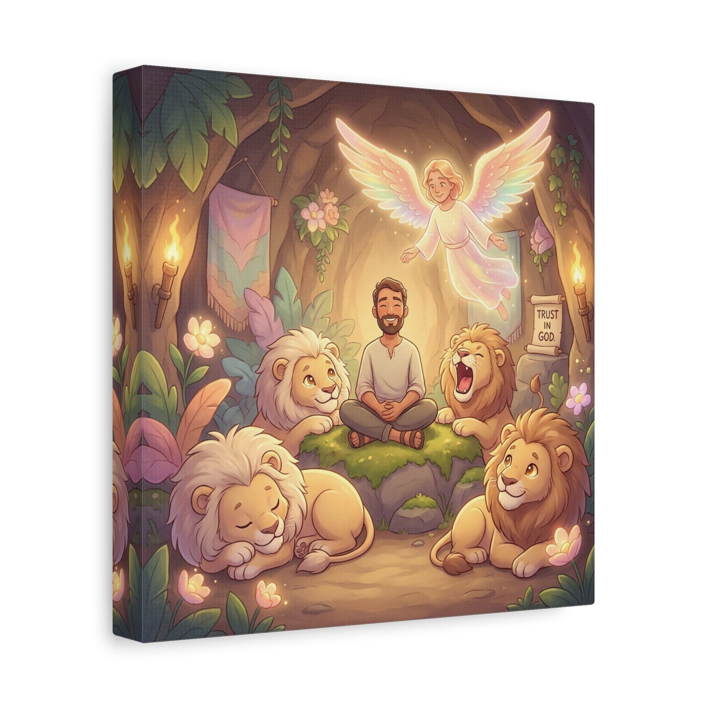 "Trust In God" Christian Canvas Wall Art - Angel, Man With Lions Cave Scene - Pastel Nursery Decor, Matte Cotton Print - Kids Bedroom Wall Decor, Playroom Home Decoration - Ready to Hang