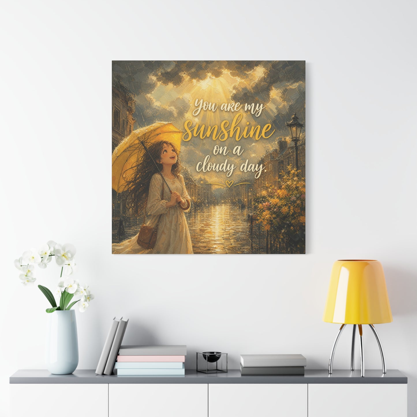 "You Are My Sunshine On A Cloudy Day" Canvas Wall Art - Girl With Yellow Umbrella Quote Print - Golden Rainy Street Painting, Inspirational Decor - Bedroom Home Decoration - Living Room Wall Decor