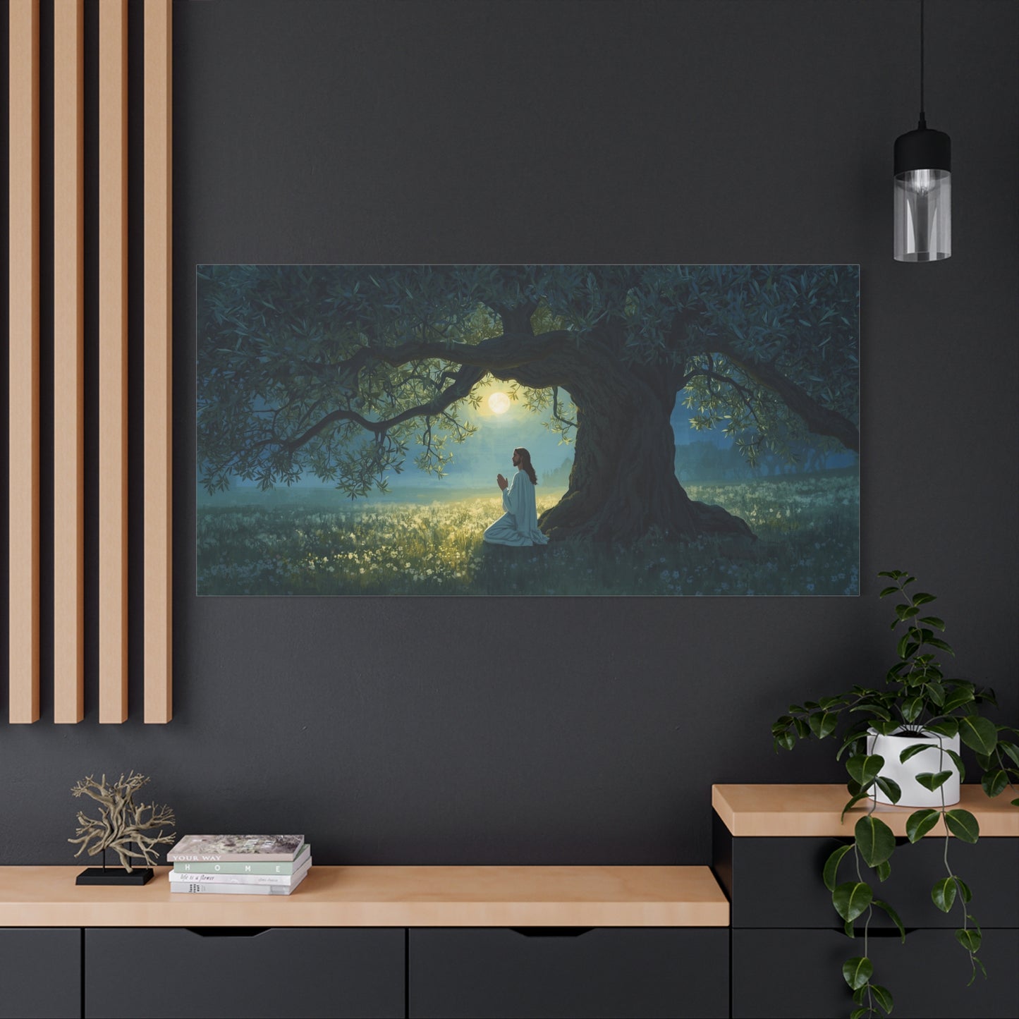 Jesus Praying In Gethsemane Canvas Wall Art - Moonlit Olive Tree Scene, Christian Wall Decor - Matte Cotton Print - Traditional Religious Style For Living Room Bedroom Office - Bedroom Home Decoration