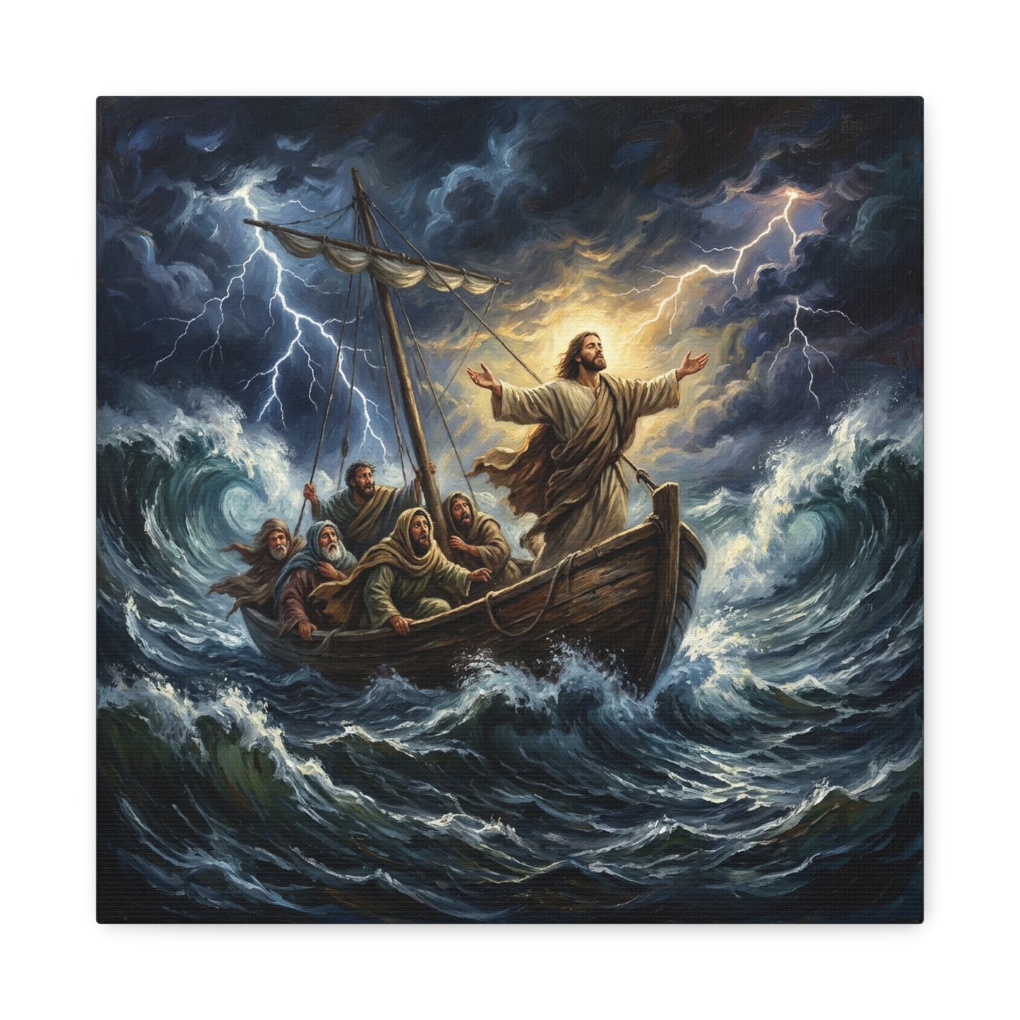 Jesus Calming The Storm Canvas Wall Art - Bible Boat Sea Scene, Dramatic Lightning Waves - Cotton Matte Print - Traditional Religious Decor For Living Room Office Bedroom - Living Room Wall Decor