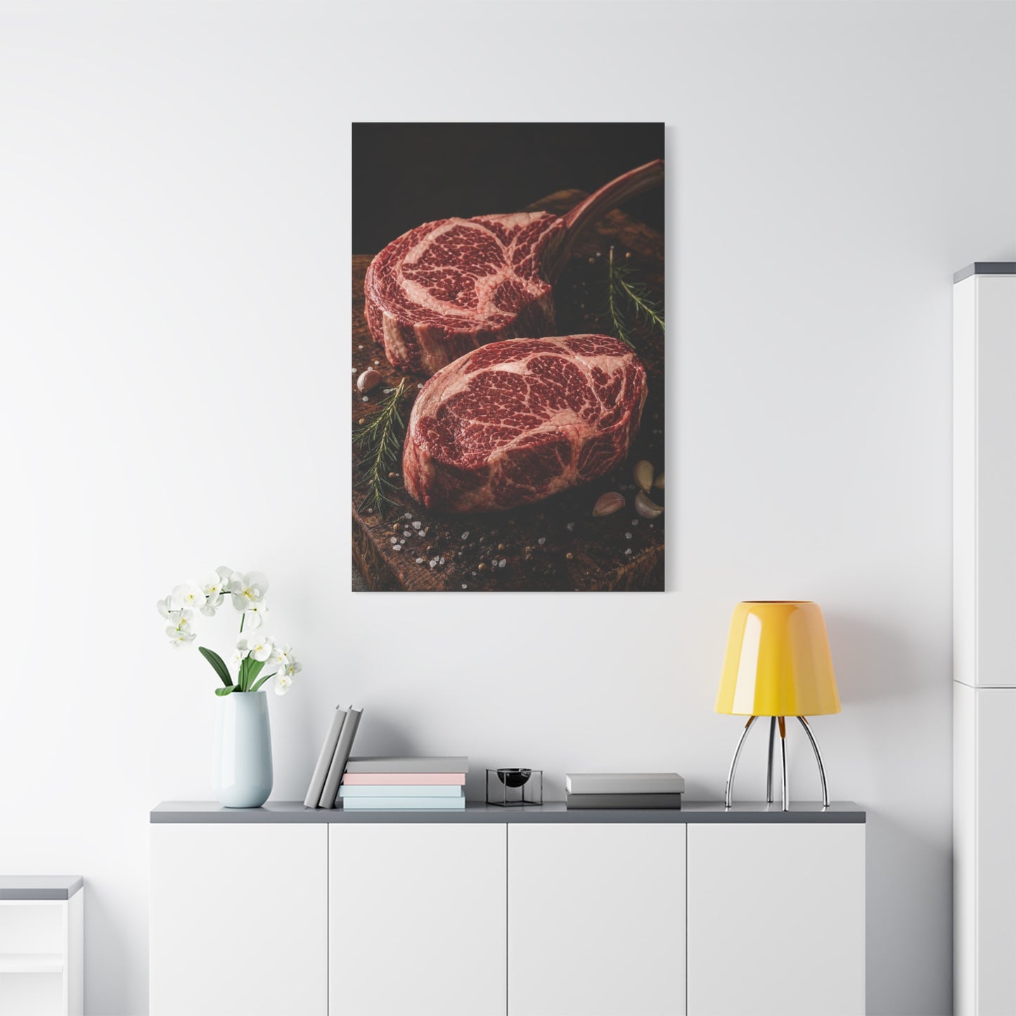 Raw Ribeye Steak Canvas Wall Art - Rustic Food Art Print, Butcherhouse Kitchen Decor, Cotton Art Print, Moody Culinary Still Life - Dining Room Accent, Restaurant Wall Decor - Modern Farmhouse Style