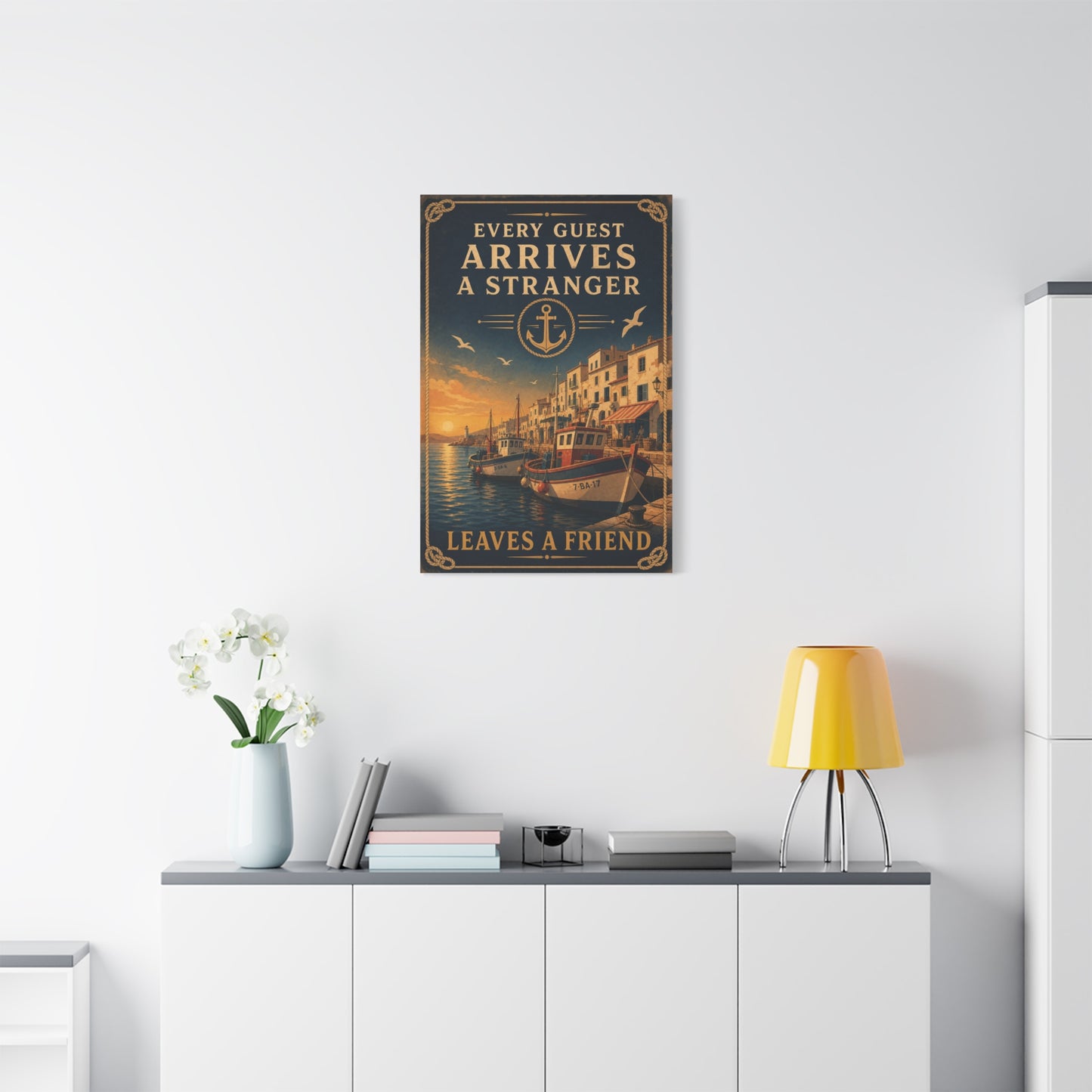 "Every Guest Arrives A Stranger Leaves A Friend" Nautical Canvas Wall Art - Vintage Harbor Sunset, Coastal Typography Print, Anchor Sailor Decor, Living Room Wall Decor - Bedroom Home Decoration