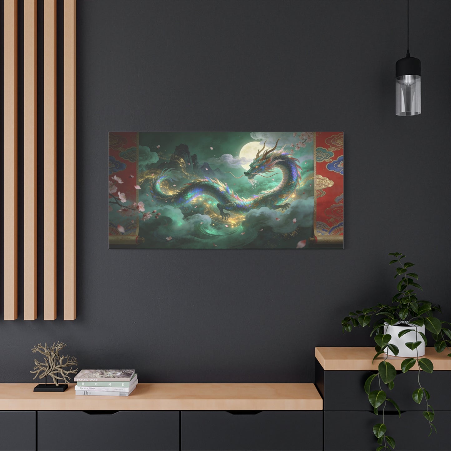 Moonlit Chinese Dragon Canvas Wall Art - Fantasy Cloudscape, Cherry Blossoms, Gold Accents - Luminous Asian Illustration - Living Room Wall Decor, Bedroom Home Decoration - Bedroom Home Decoration