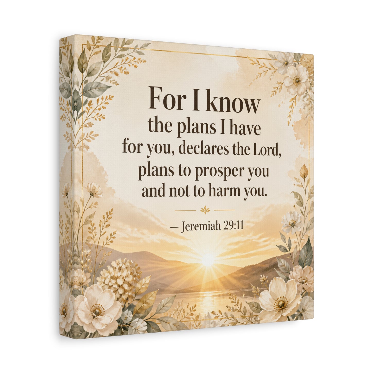 "For I Know The Plans I Have For You" Bible Verse Canvas Wall Art - Jeremiah 29:11 Floral Scripture Print, Gold Sunrise Landscape, Christian Wall Decor For Bedroom, Living Room - Ready to Hang