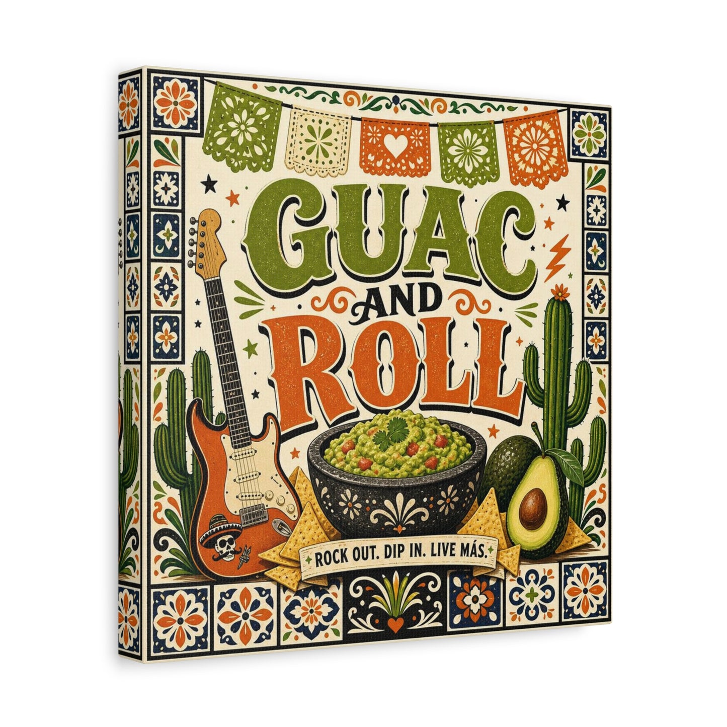 "Guac And Roll" Typography Canvas Wall Art - Fiesta Guitar, Cactus, Avocado Folk Illustration - Bohemian Rustic Style - Kitchen Wall Decor, Dining Room Accent, Cafe Wall Decor - Modern Farmhouse Style