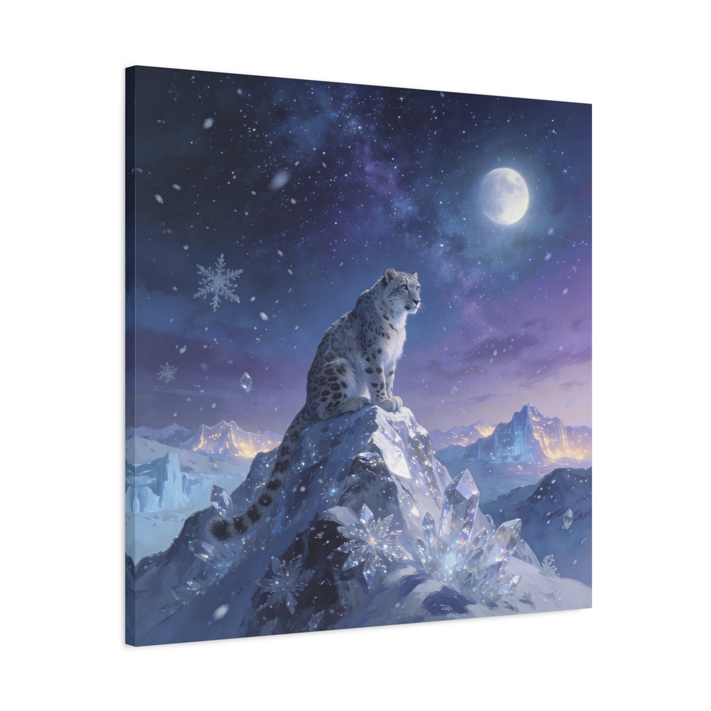 Snow Leopard Canvas Wall Art - Moonlit Arctic Crystal Landscape, Fantasy Wildlife Print - Matte Cotton Canvas - Contemporary Winter Style - Living Room Wall Decor Bedroom Home Decoration
