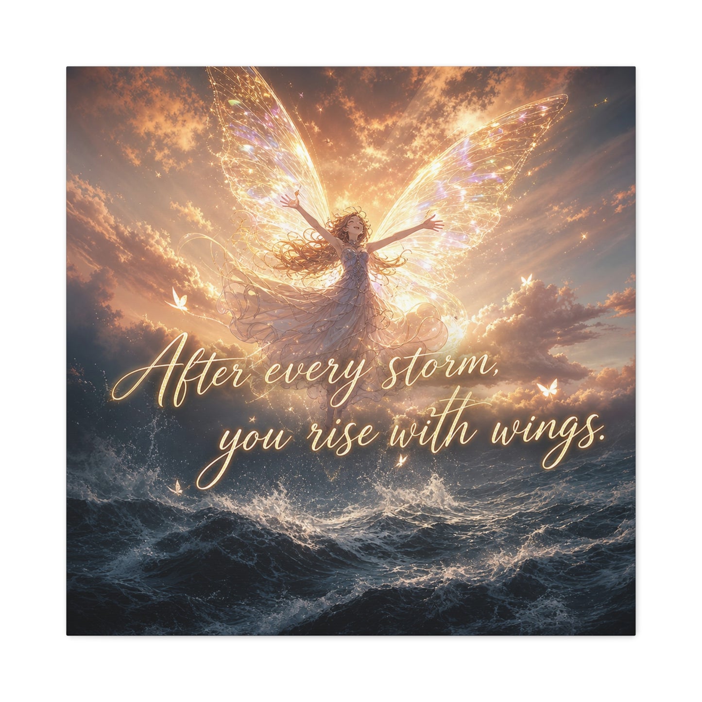 "After Every Storm, You Rise With Wings." Fairy Canvas Wall Art - Inspirational Ocean Sky Quote Print - Golden Ethereal Fantasy Decor - Bedroom Wall Hanging, Living Room Accent - Ready to Hang