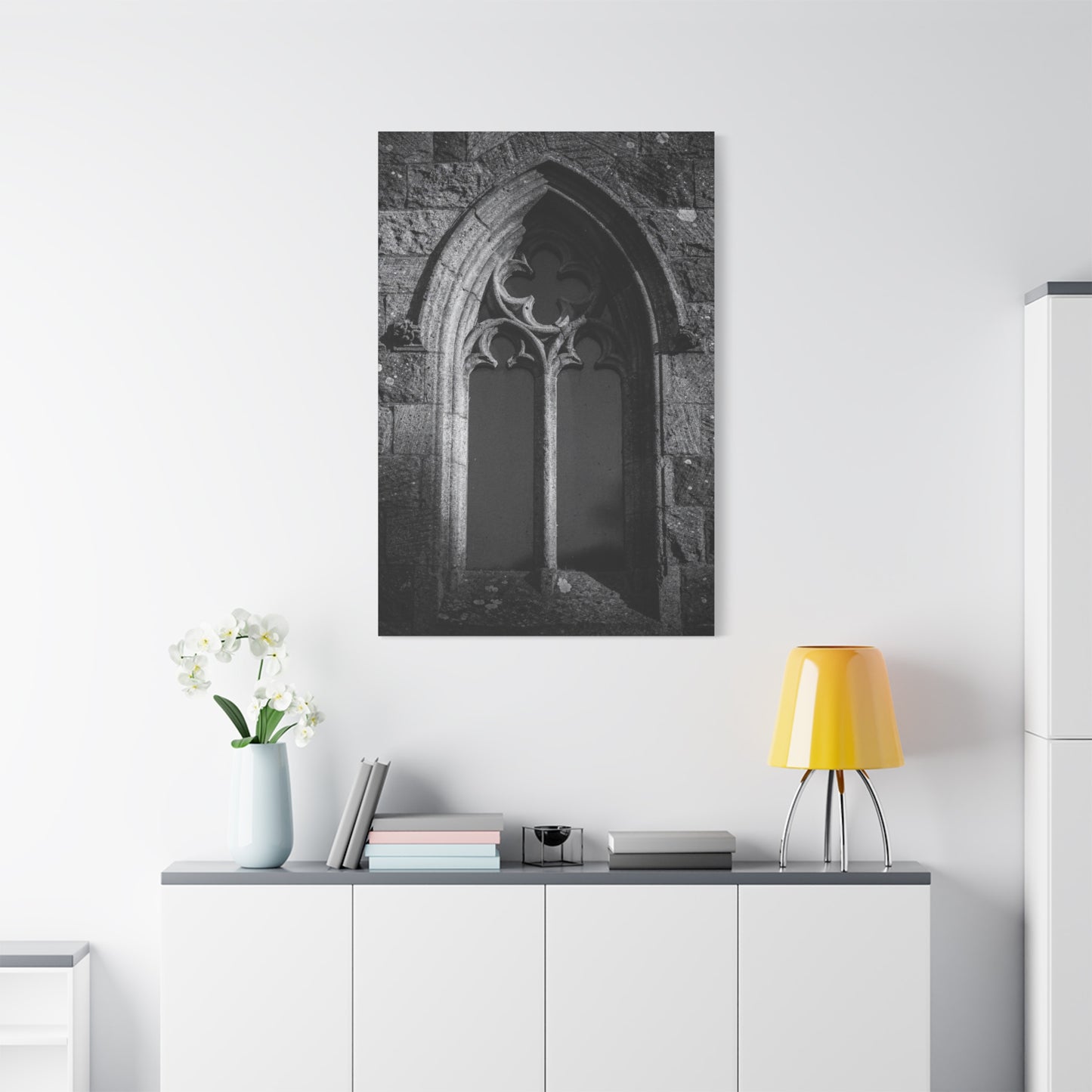 Gothic Church Window Canvas Wall Art - Black And White Stone Arch Architectural Print - Vintage Cathedral Style - Moody Living Room Wall Decor, Office Art Accent - Bedroom Home Decoration