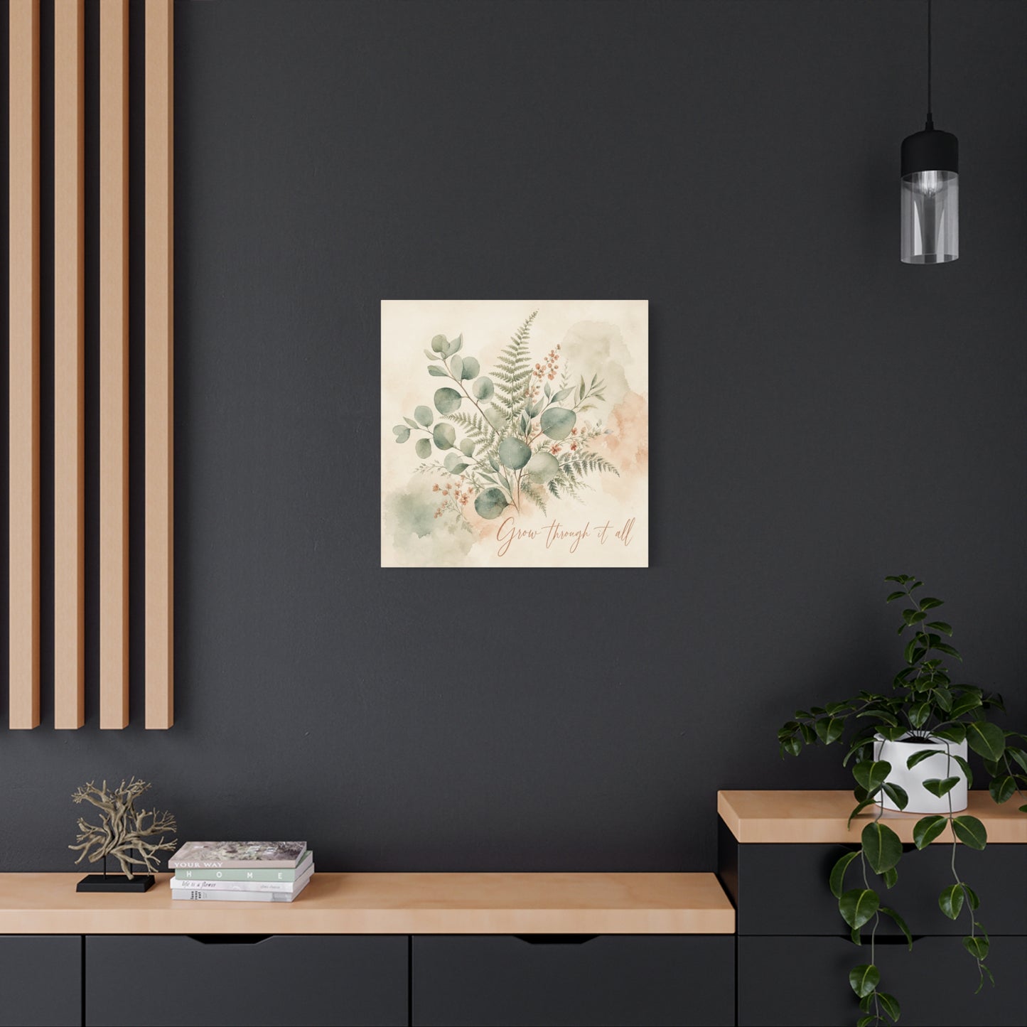 "Grow Through It All" Botanical Canvas Wall Art - Eucalyptus Fern Watercolor Quote Print, Sage Green Floral Home Decor - Modern Farmhouse Style, Bedroom Wall Hanging - Ready to Hang - Ready to Hang