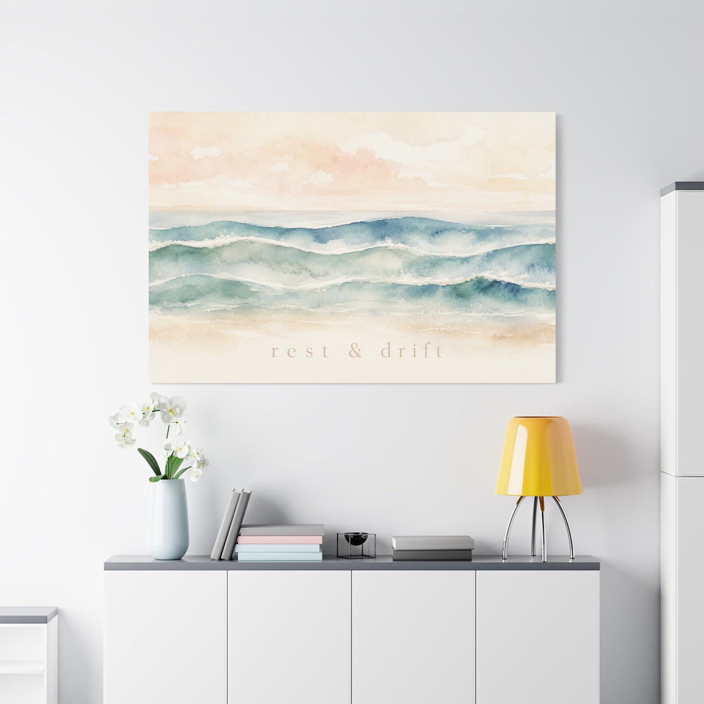 "Rest & Drift" Coastal Ocean Waves Canvas Wall Art - Watercolor Seascape Beach Decor - Serene Pastel Blue And Peach - Bedroom Home Decoration, Living Room Accent, Jellyfish Room Decor - Ready to Hang