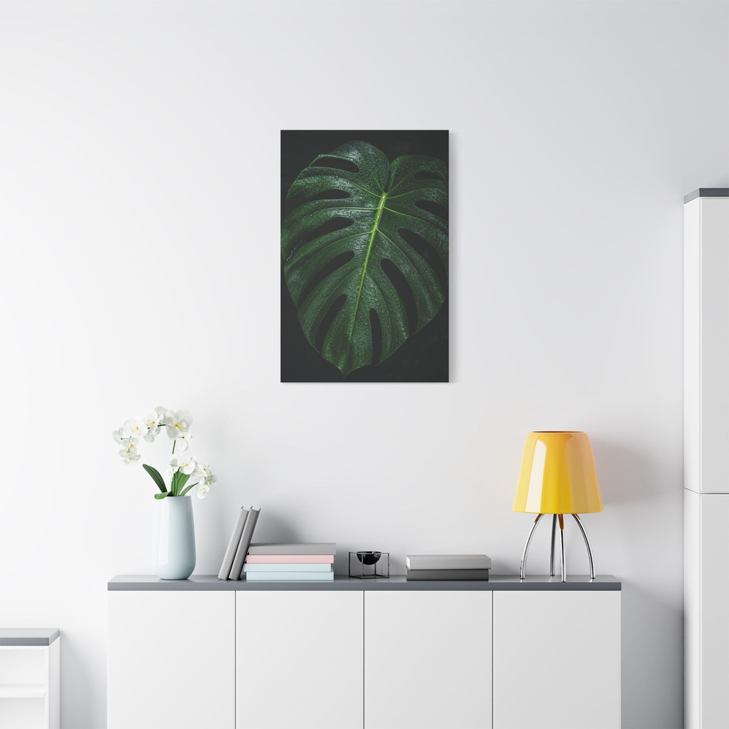 Monstera Leaf Canvas Wall Art - Botanical Art Print, Dark Green Tropical Foliage Print - Matte Cotton Canvas - Contemporary Minimalist Style - Living Room Wall Decor, Bedroom Home Accent