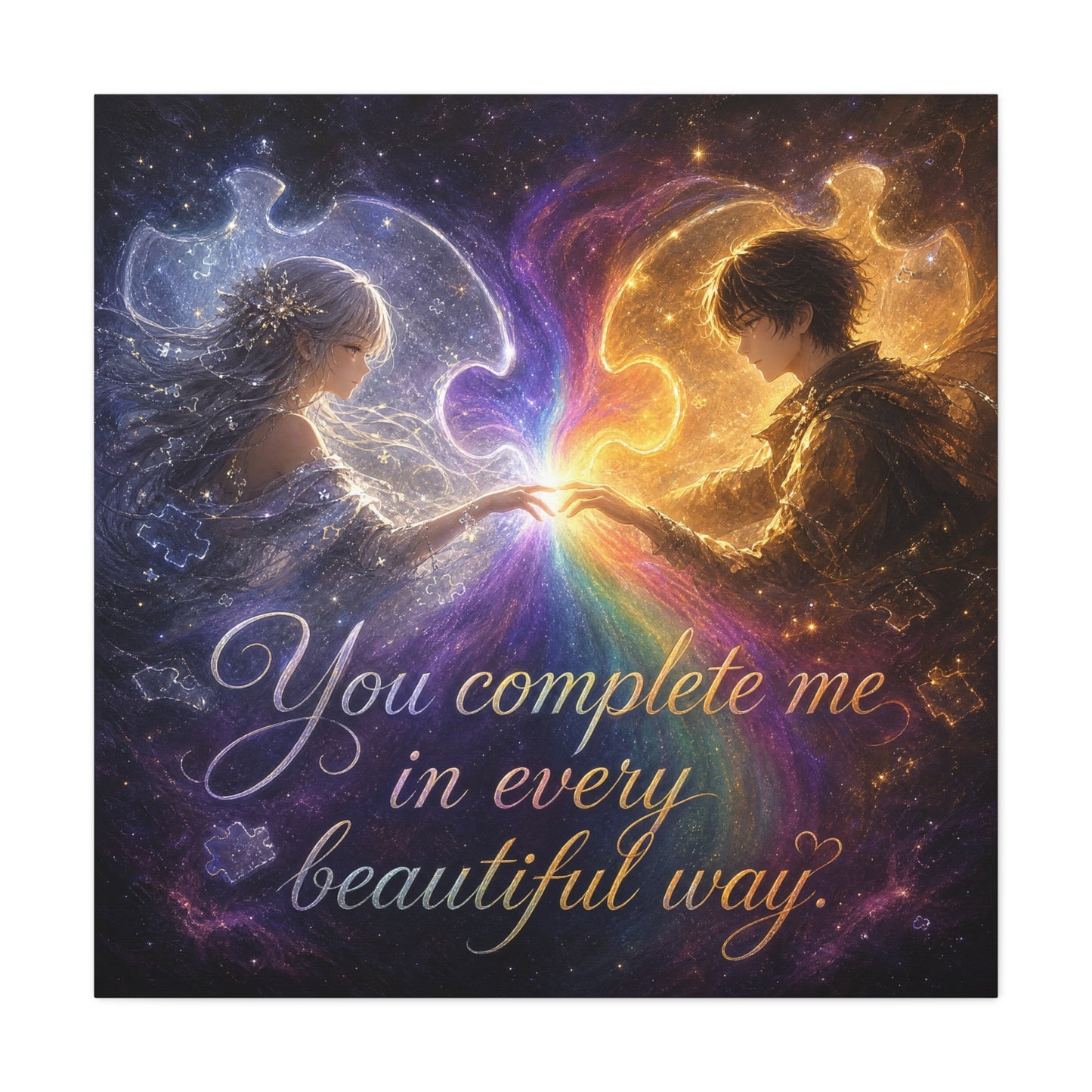 "You Complete Me In Every Beautiful Way" Romantic Couple Canvas Wall Art - Celestial Puzzle Soulmate Quote Print, Fantasy Love Decor - Bedroom Wall Hanging - Ready to Hang - Bedroom Home Decoration