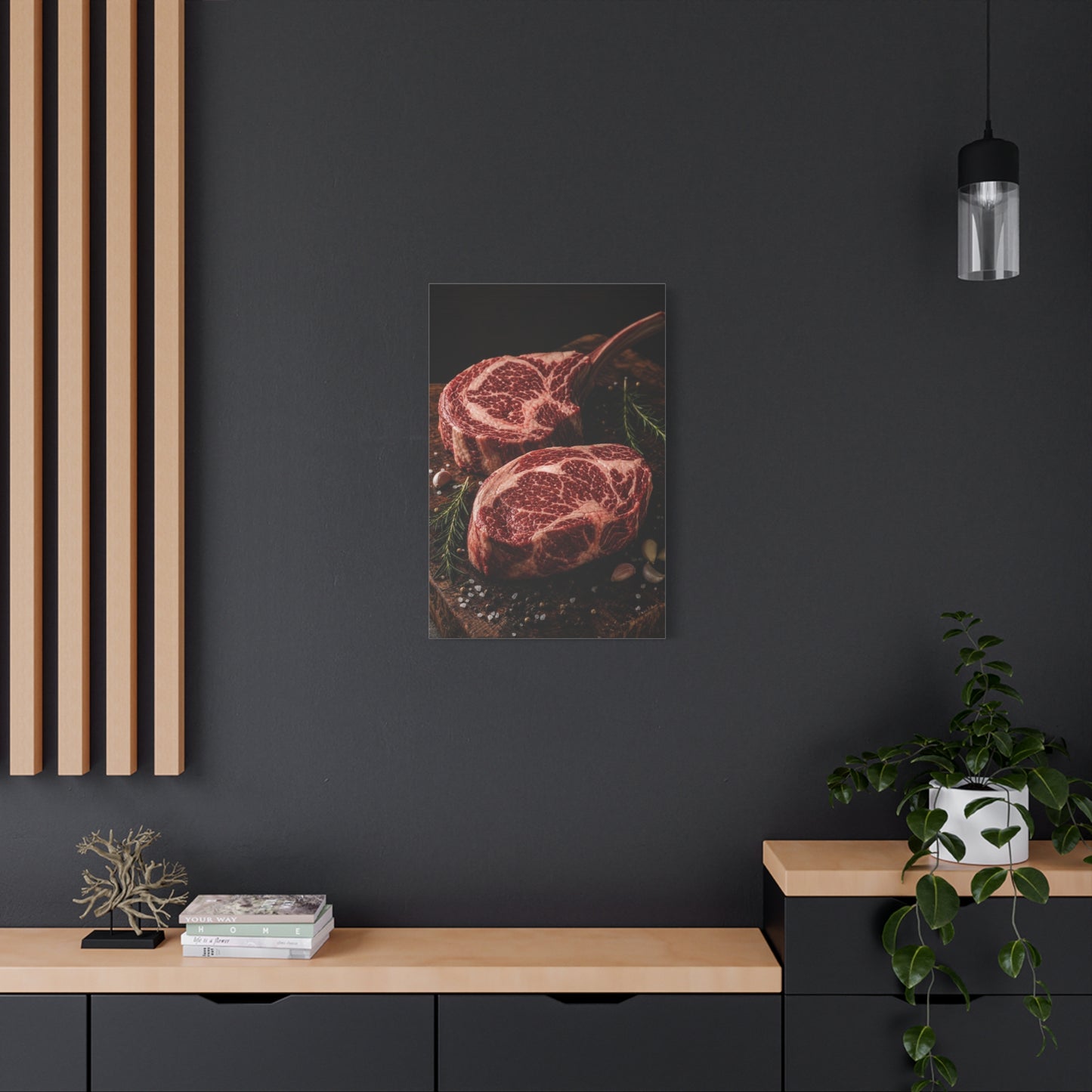 Raw Ribeye Steak Canvas Wall Art - Rustic Food Art Print, Butcherhouse Kitchen Decor, Cotton Art Print, Moody Culinary Still Life - Dining Room Accent, Restaurant Wall Decor - Modern Farmhouse Style