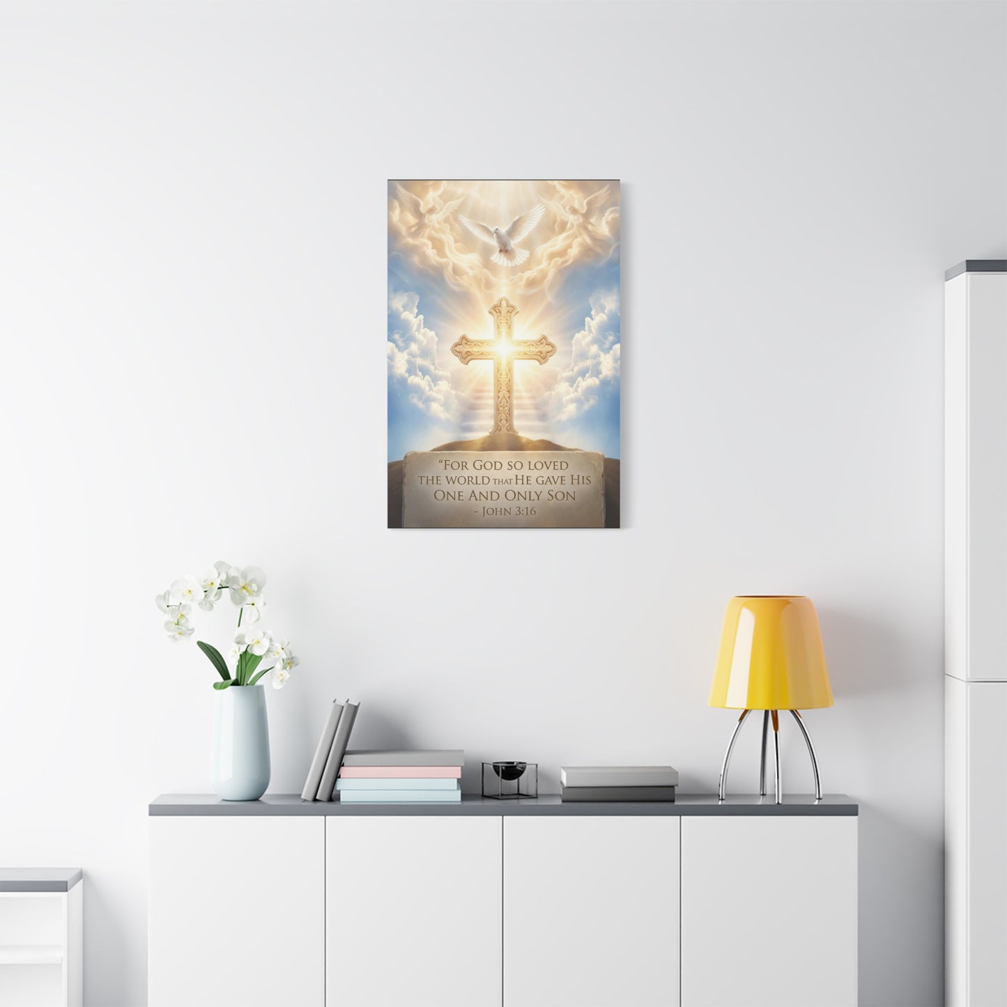 "For God So Loved The World That He Gave His One And Only Son" Christian Canvas Wall Art - Glowing Cross, Dove And Angels - Traditional Religious Wall Decor - Bedroom Living Room - Ready to Hang