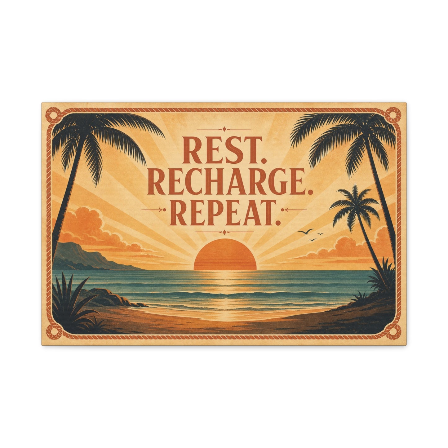 "Rest. Recharge. Repeat." Tropical Beach Sunset Canvas Wall Art - Vintage Coastal Typography, Retro Palm Tree Ocean Scene, Living Room Wall Decor, Bedroom Home Decoration - Bedroom Home Decoration